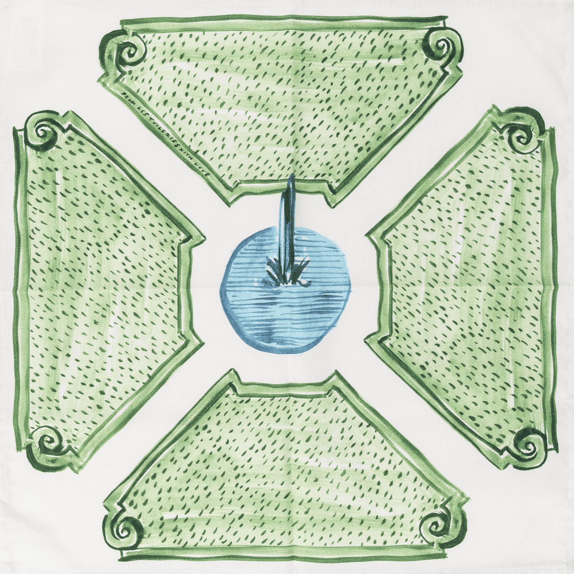 Drawing of the back of a green dollar bill with the number 100, featuring ornate corner designs and a central blue security strip.