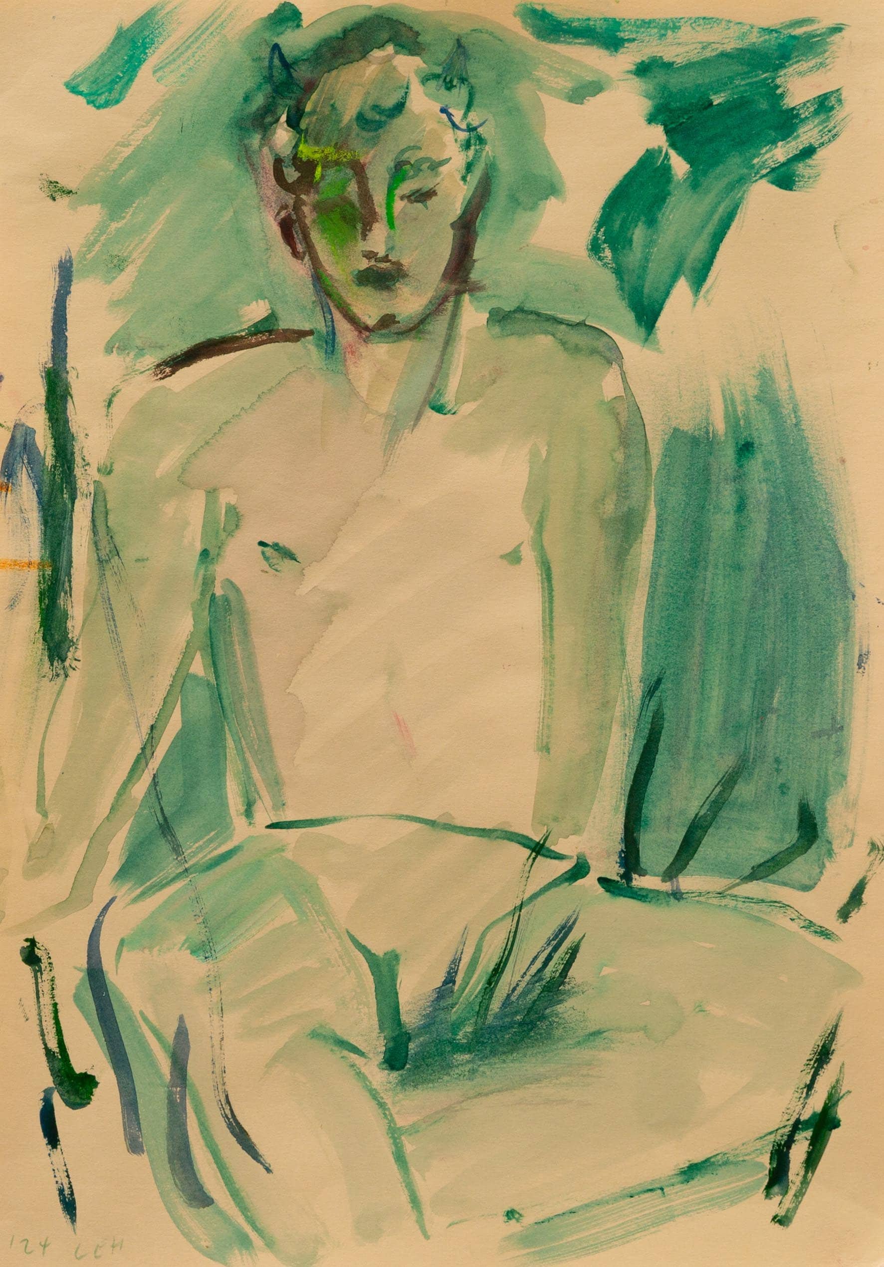 Watercolor painting of a woman with short hair, depicted in green and blue tones, with a contemplative expression.