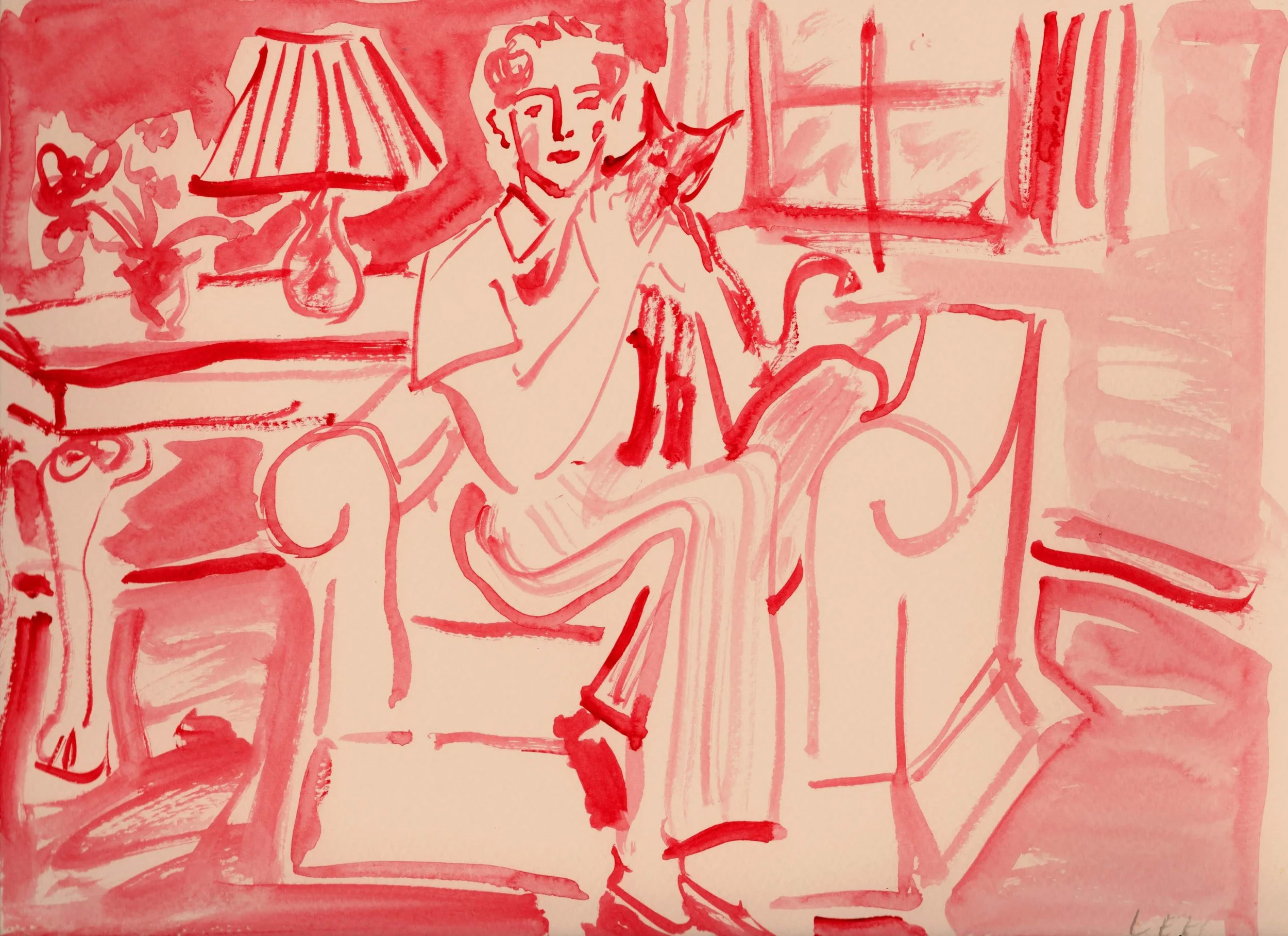 A monochromatic red illustration of a woman sitting at a table, talking on a phone, with a cup on the table and a lamp in the background. The scene appears loose and sketchy, created with quick lines.