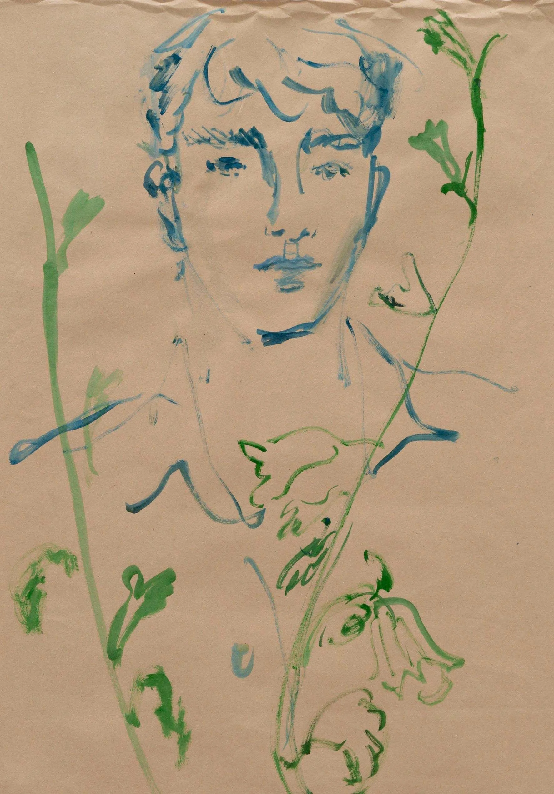 A line drawing of a person's face and upper body, with green and blue ink. The person has short, wavy hair and a neutral expression. Surrounding the figure are green foliage and plant elements.
