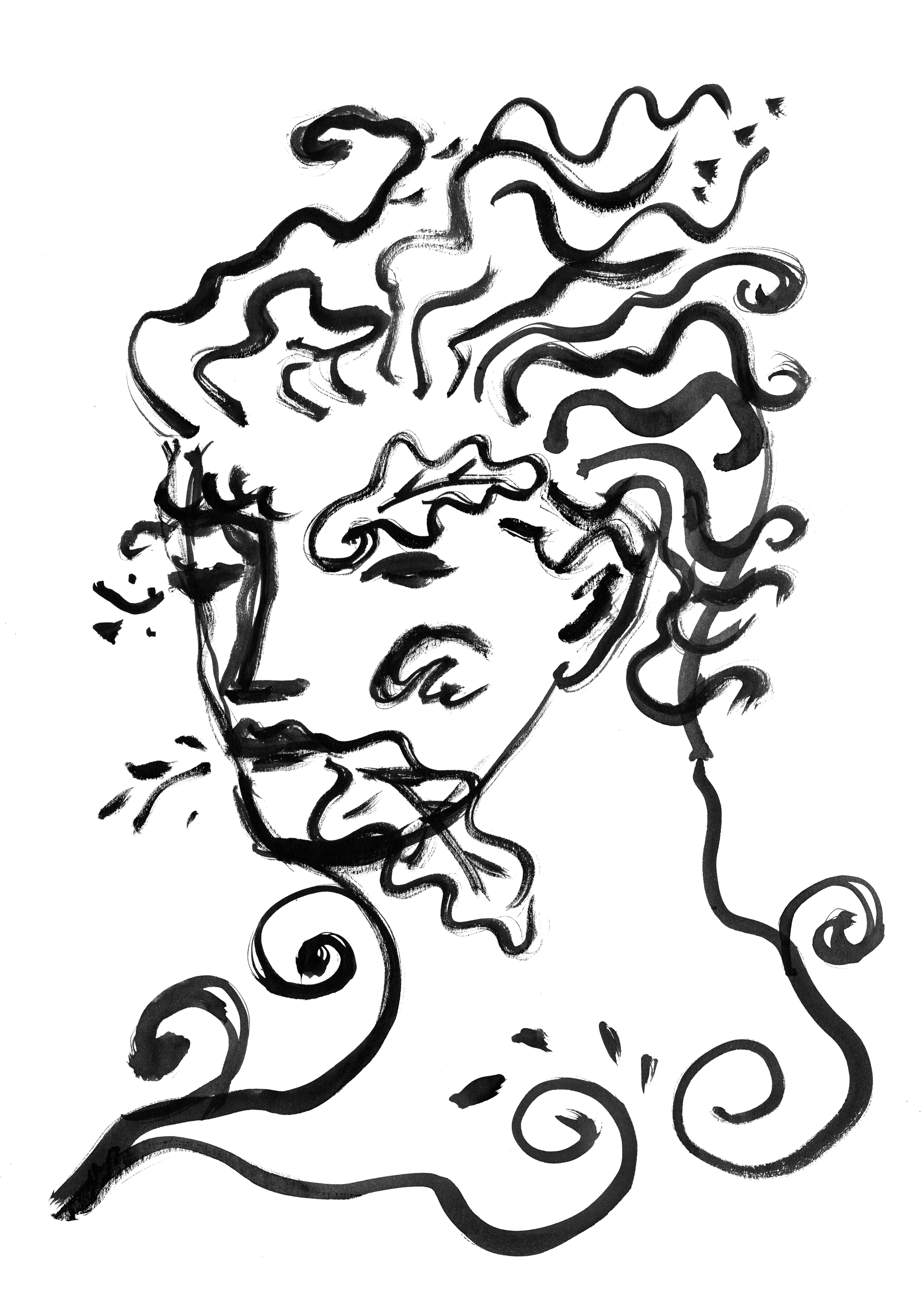Black and white line drawing of a dog with a thin curly tail standing in profile, facing left.