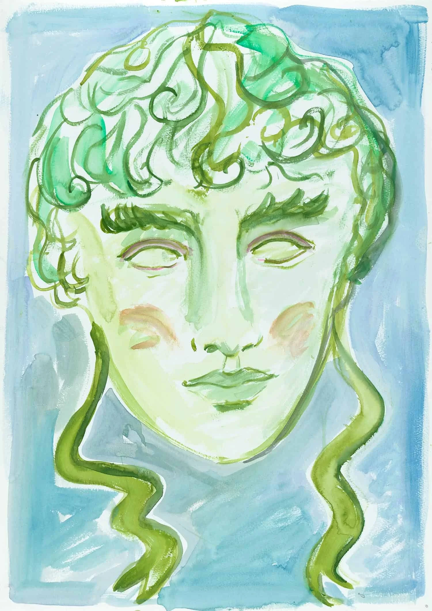 A watercolor painting of a woman's face with green hair that appears to blend into snake-like shapes. The background is light blue, and the woman's features include closed eyes, dark eyebrows, and pink cheeks.