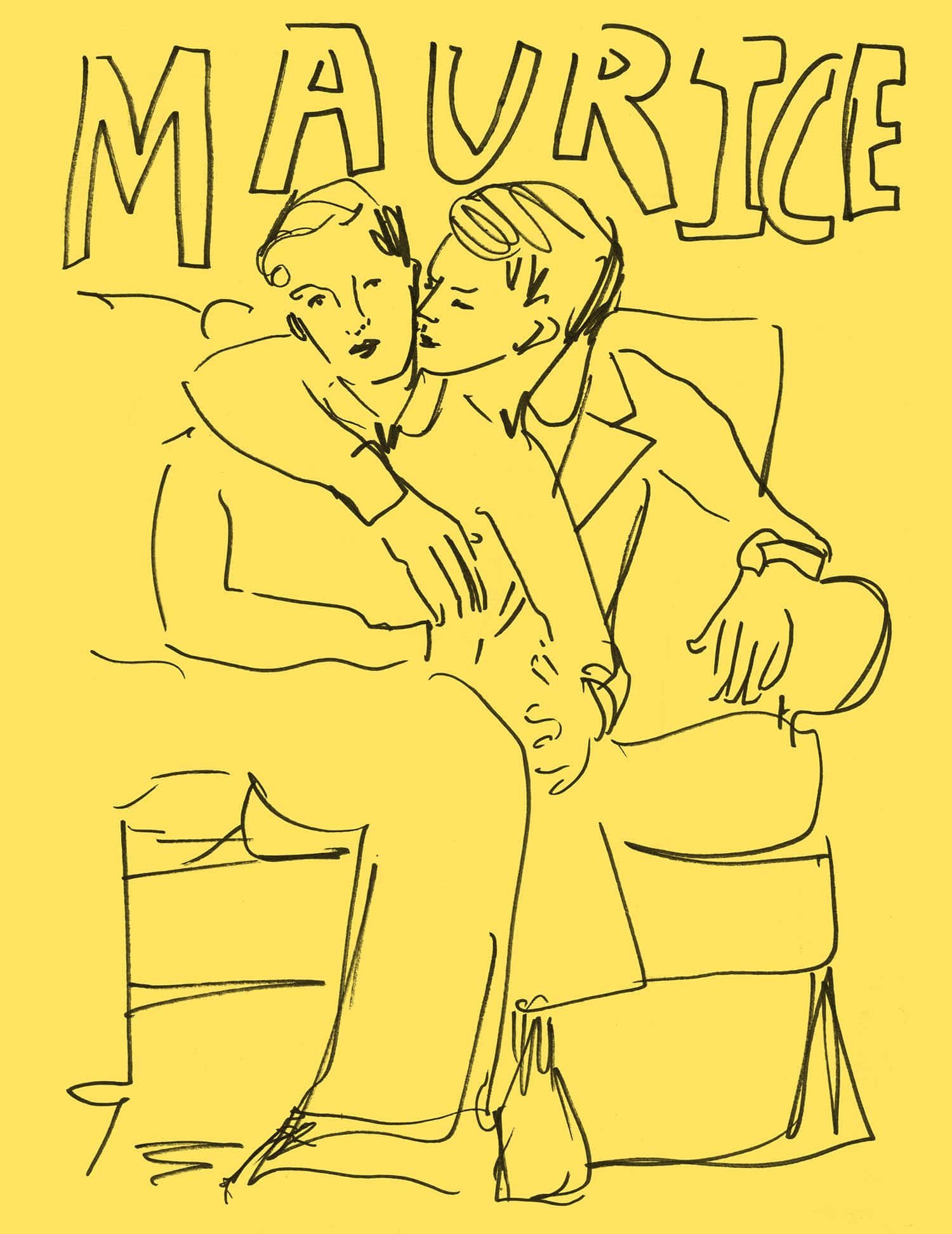 Line drawing of two people sitting on a couch, hugging and sharing a kiss, with the word 'MAURICE' written above them on a yellow background.