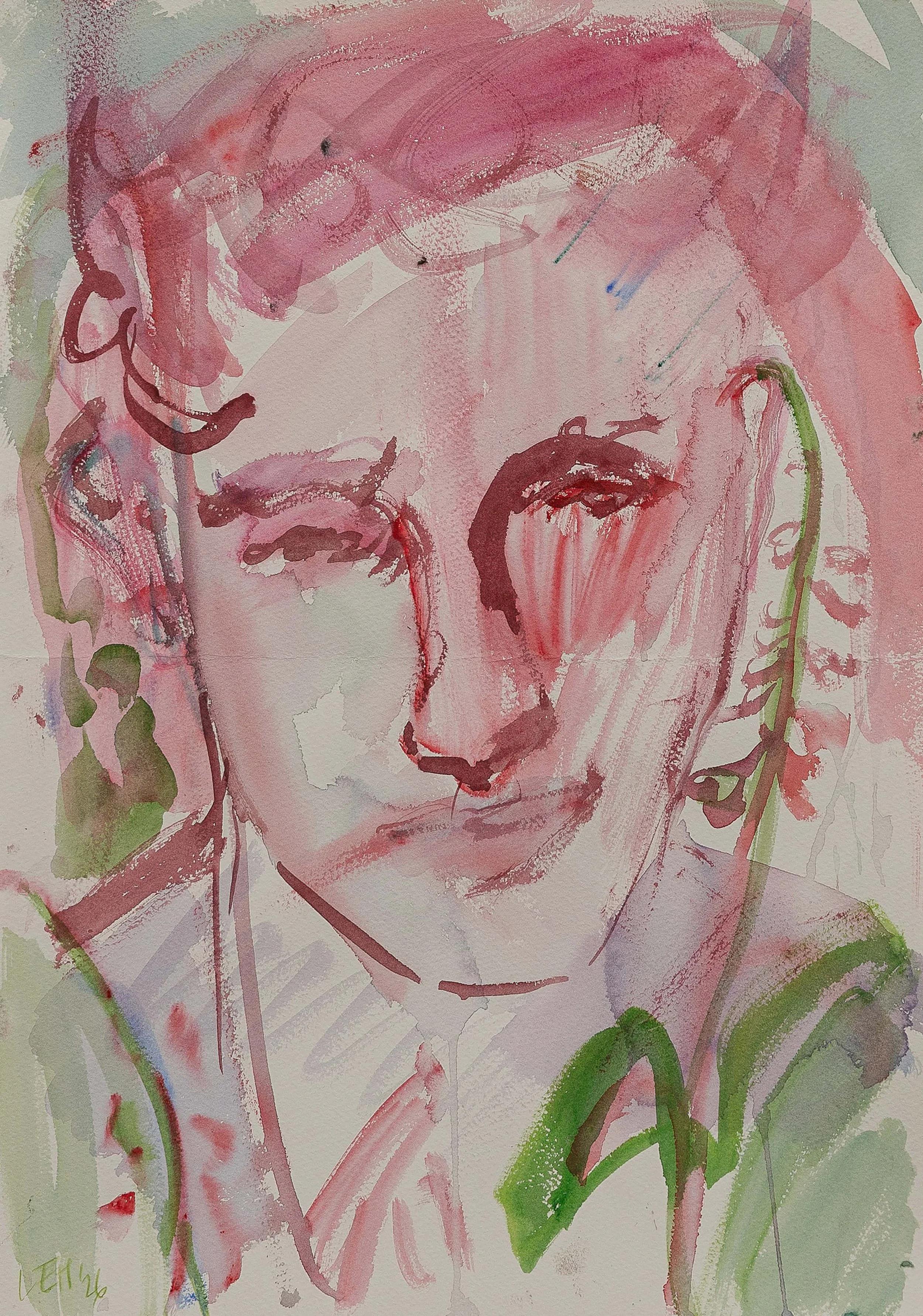 A watercolor portrait of a woman with long hair, closed eyes, and a serene expression, adorned with green leaves intertwined in her hair.