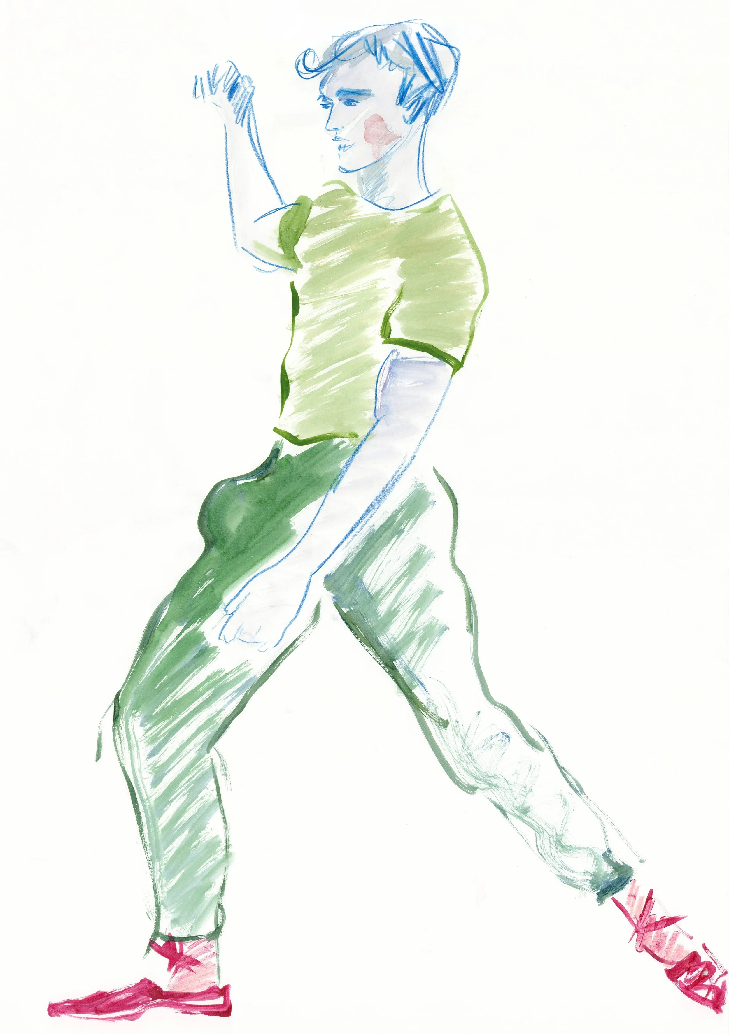 Illustration of a person stretching with their legs apart, wearing green pants, a green shirt, pink shoes, and pink socks, with their right arm raised.
