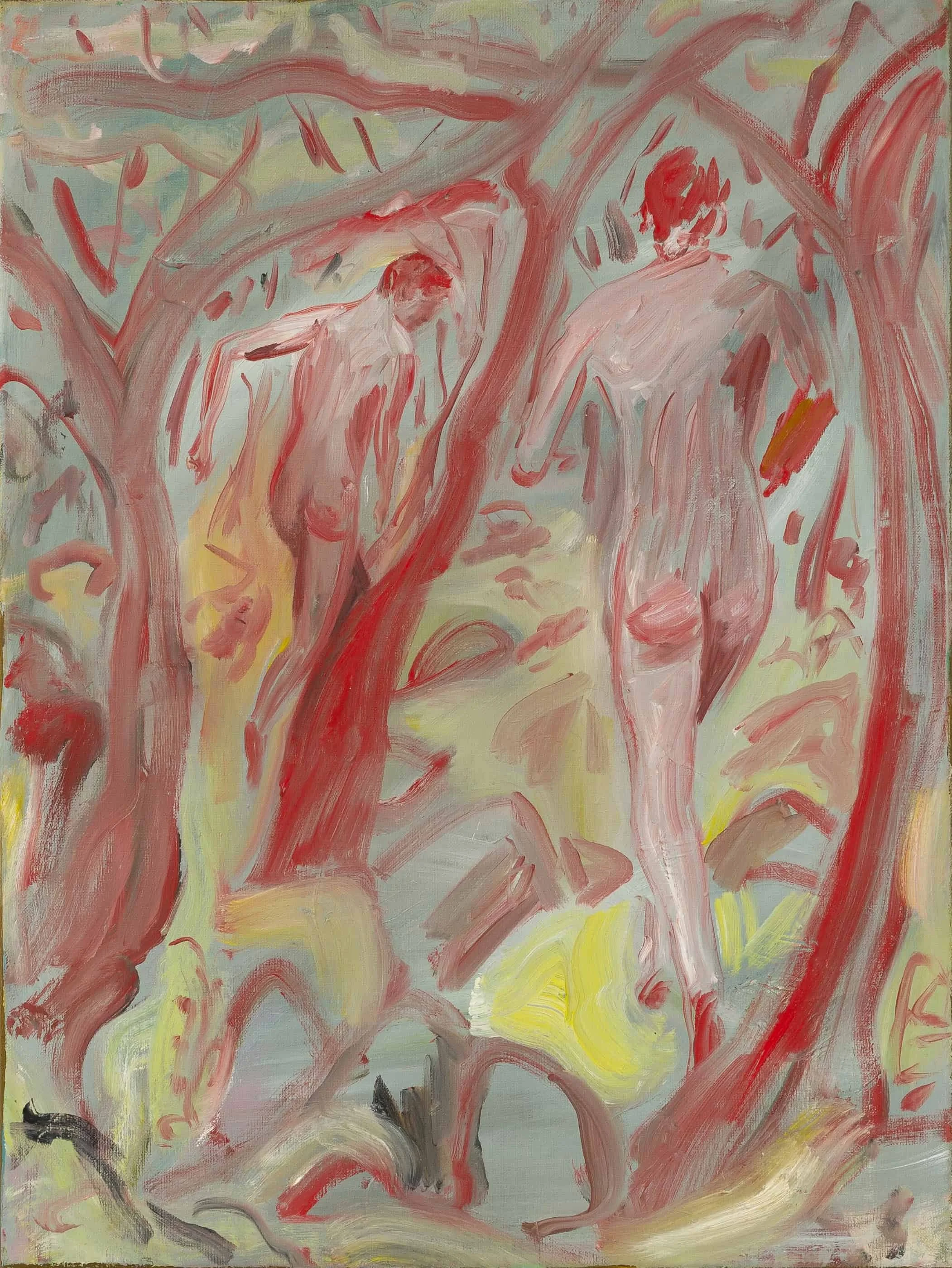 An abstract painting featuring two human figures, surrounded by swirling and expressive brushstrokes in shades of red, pink, yellow, gray, and black.