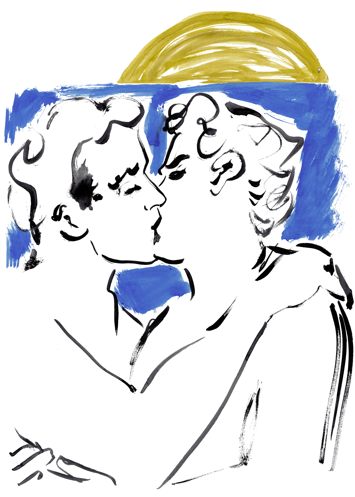 A minimalist line drawing of two people kissing under a yellow sunset with a blue background.