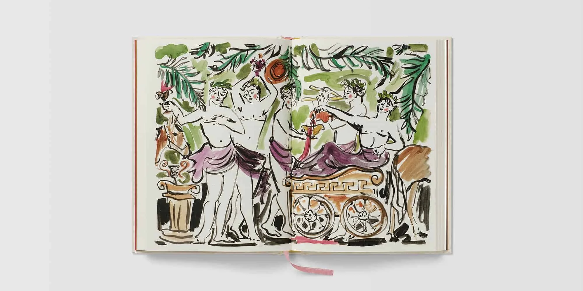 A colorful illustration featuring three nude figures with purple drapery, surrounded by greenery, a palm tree, and a cart with large wheels, in a decorative and playful style.
