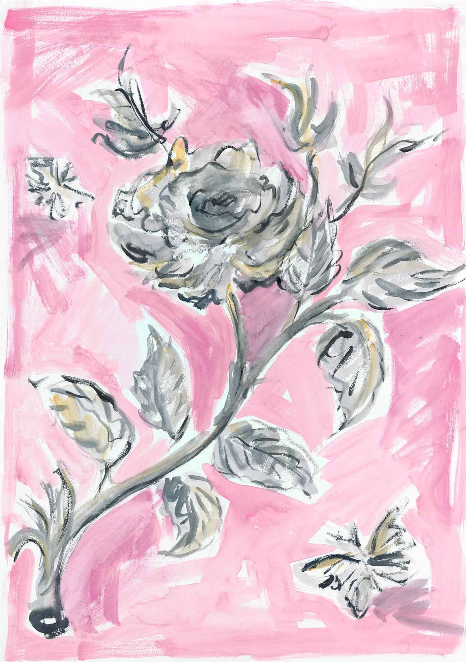 A watercolor painting of a rose flower with leaves on a pink background.