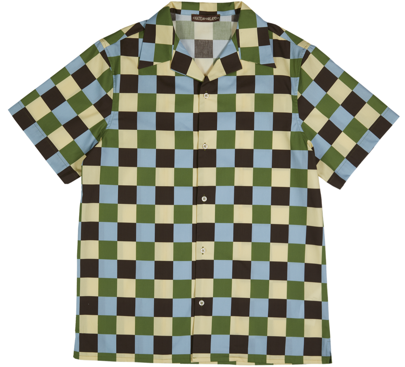 A short-sleeved shirt with a colorful checkered pattern in shades of green, blue, black, and cream, buttoned down the front, with a collar, displayed against a plain background.