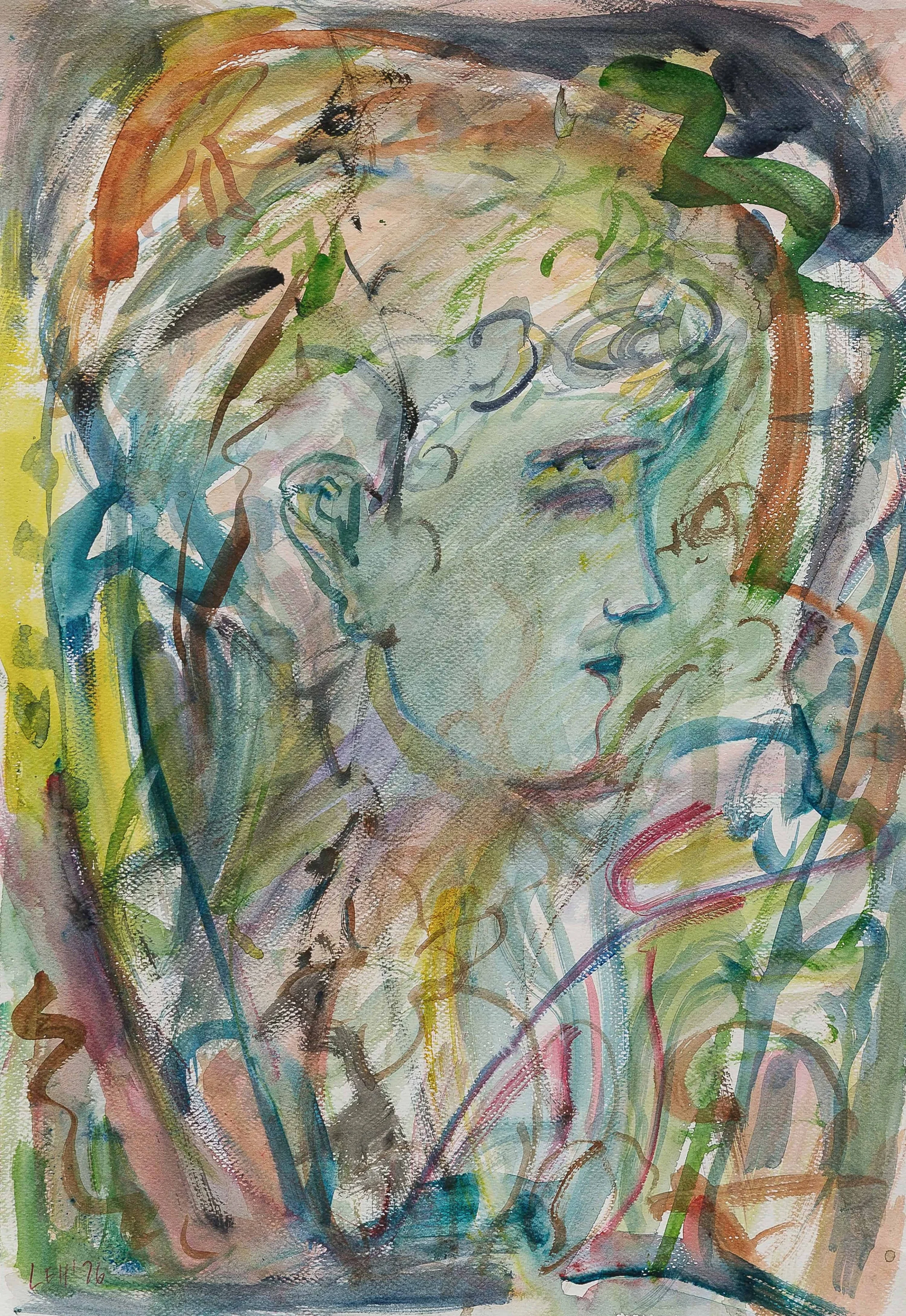 Abstract watercolor painting with swirling lines and a faint profile of a face with closed eyes.
