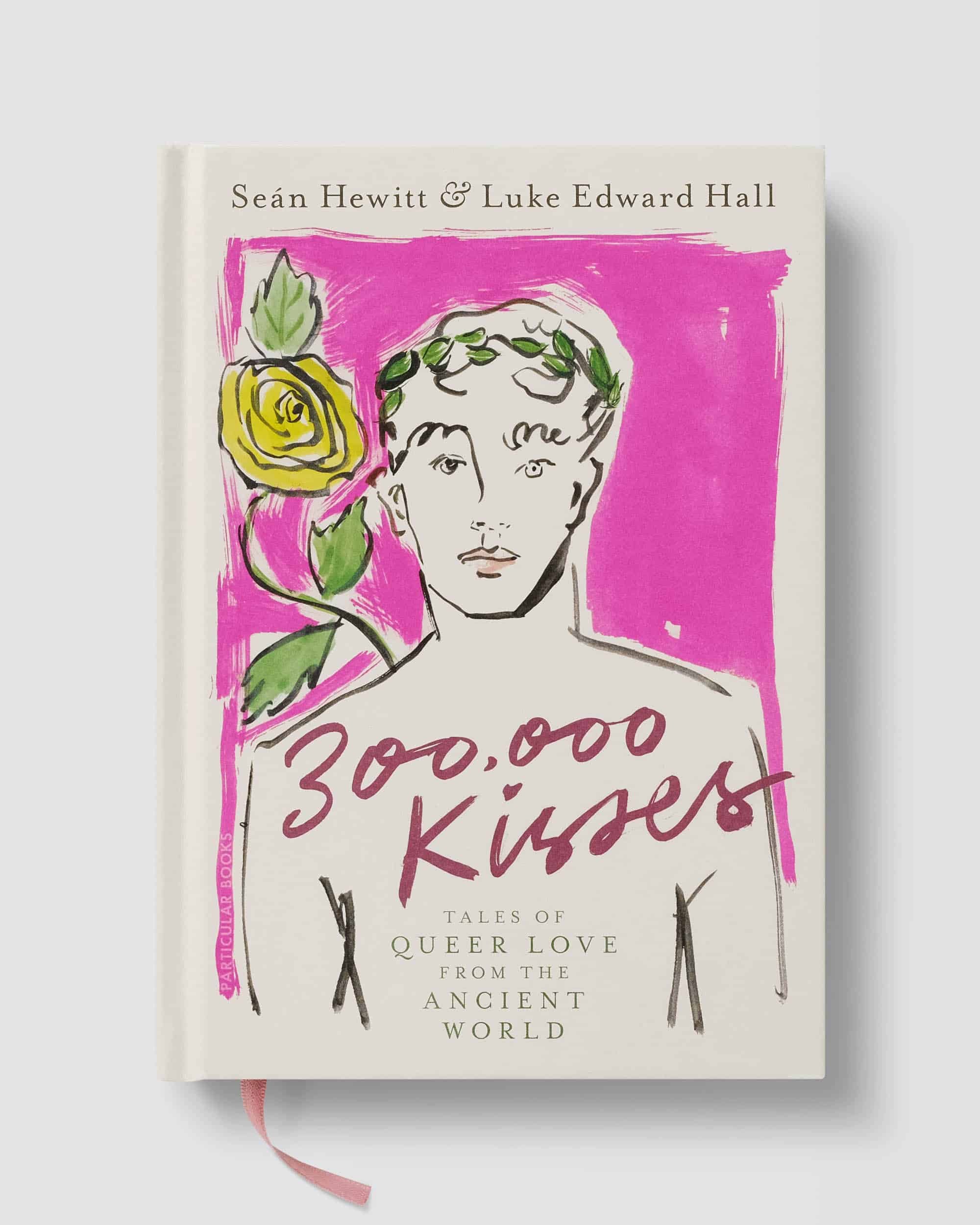 The cover of a book titled "Participle Books" with a drawing of a person's face along with a yellow rose and green leaves against a pink background, and pink text at the bottom.