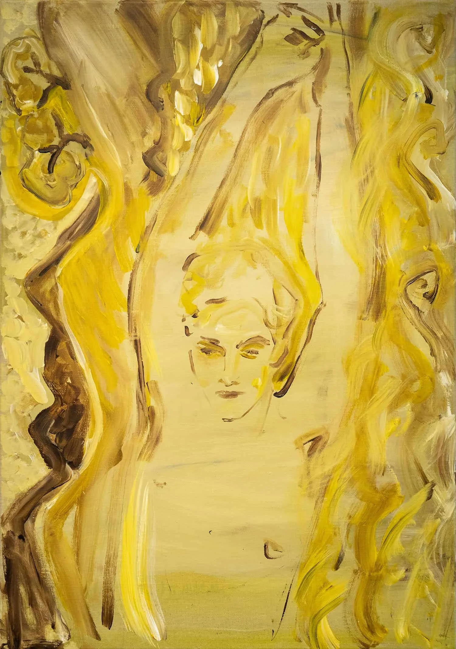 Abstract painting with yellow, brown, and white colors. The painting features a stylized human face at the bottom center, surrounded by flowing, swirling lines and shapes that resemble hair and decorative elements.