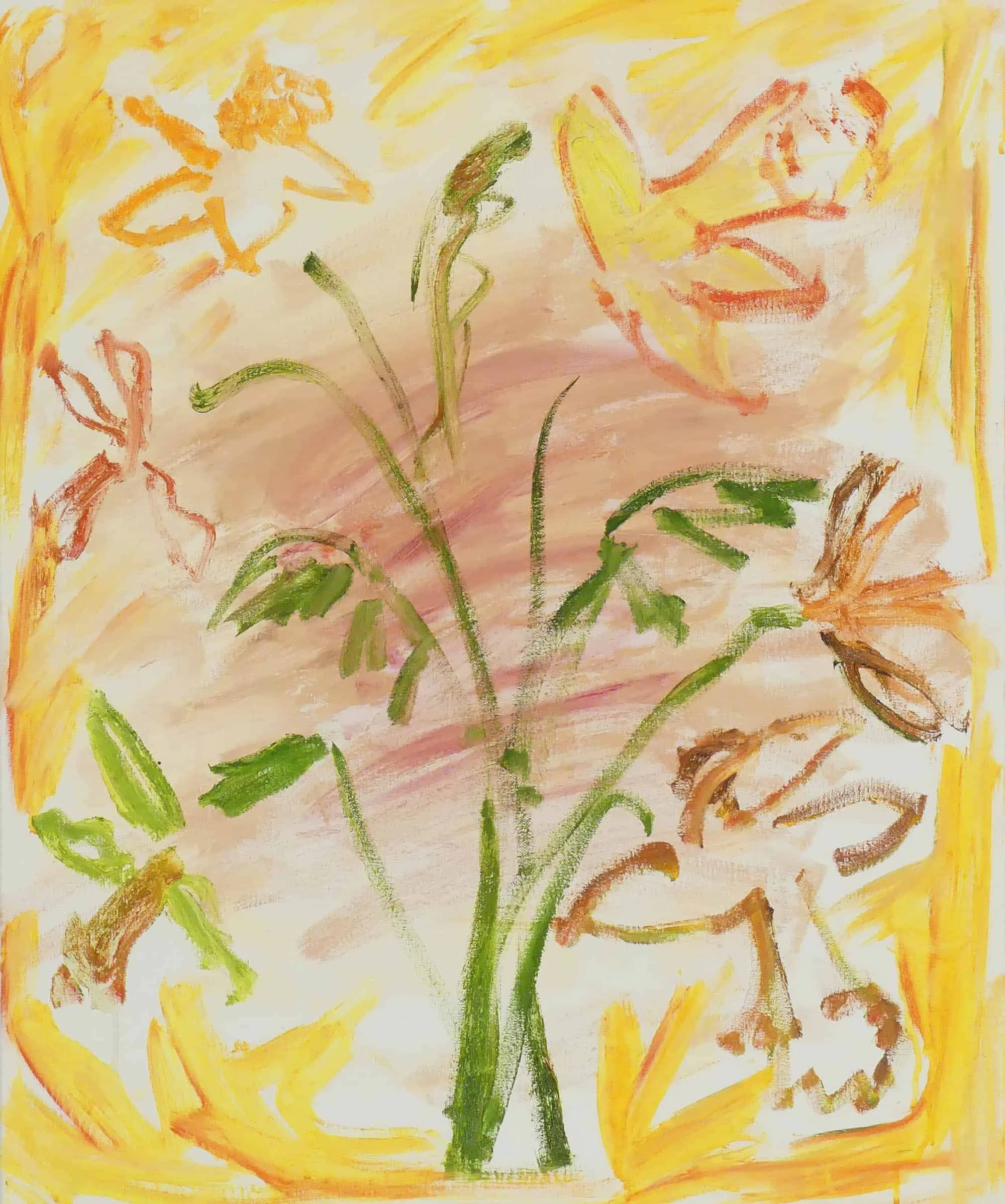 A child's colorful drawing of three abstract figures, resembling a person with a head and limbs, surrounded by yellow, orange, and green colors.