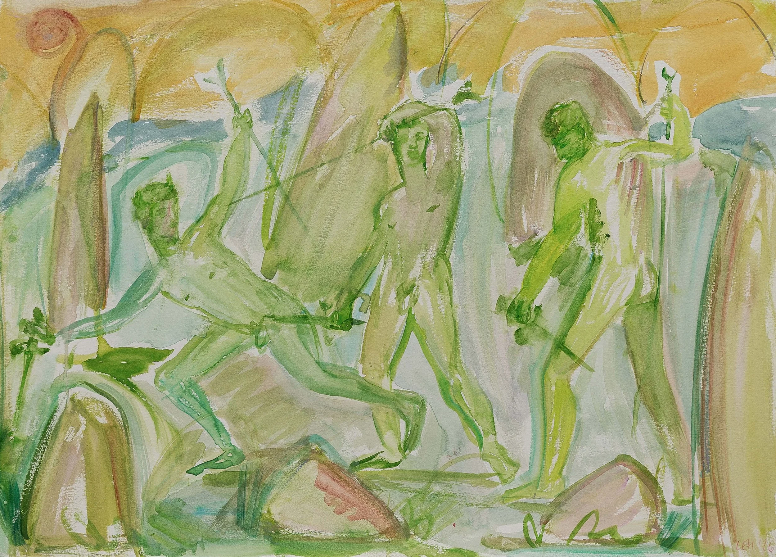An abstract watercolor painting with shades of green, yellow, and hints of orange. The composition features expressive brushstrokes and loosely defined forms.