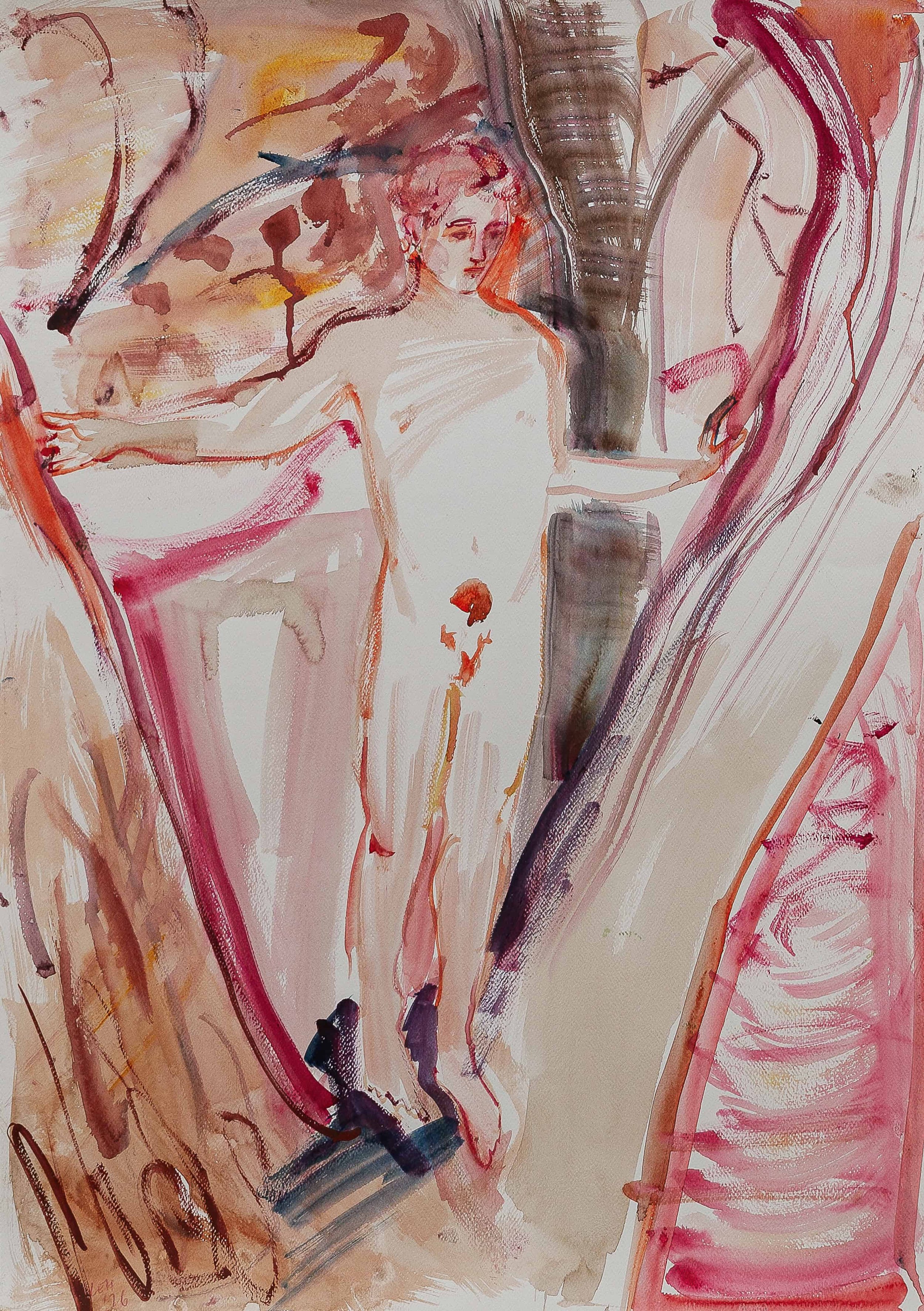 Watercolor painting of a woman with long hair, standing with arms outstretched, set against an abstract background of pink, red, beige, and brown streaks and shapes.