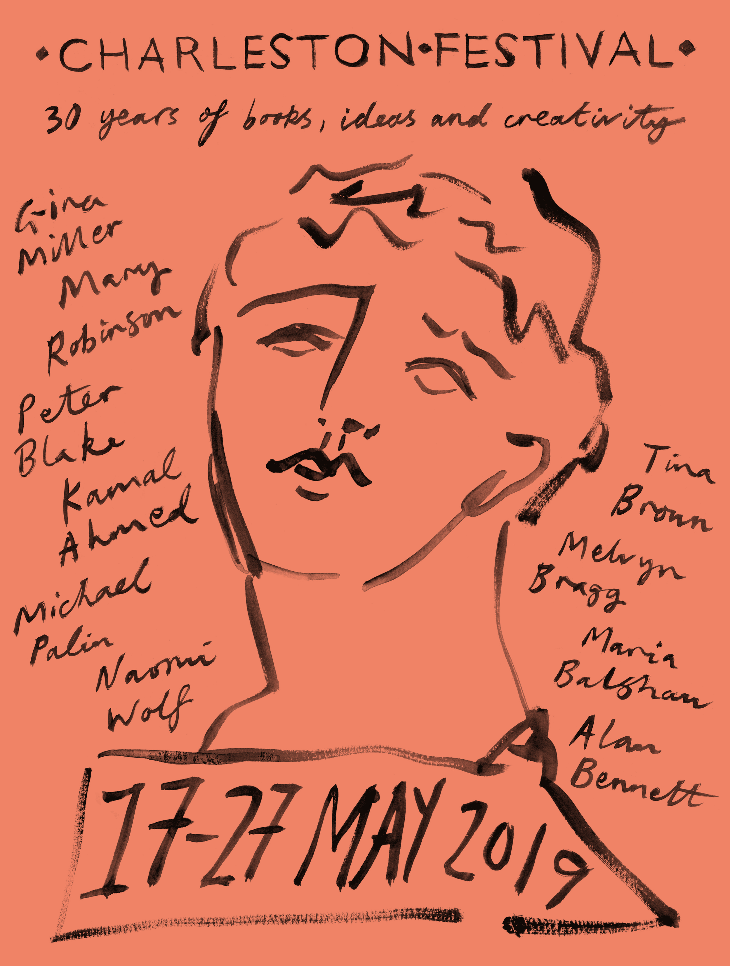 Illustration of a person's face with handwritten text about the Charleston festival and listing names of authors such as Gina Miner, Mary Roobin, Peter Black, Naomi Wolf, Tina Brown, and Meryn Bogg. The event dates are May 17-20, 2019.