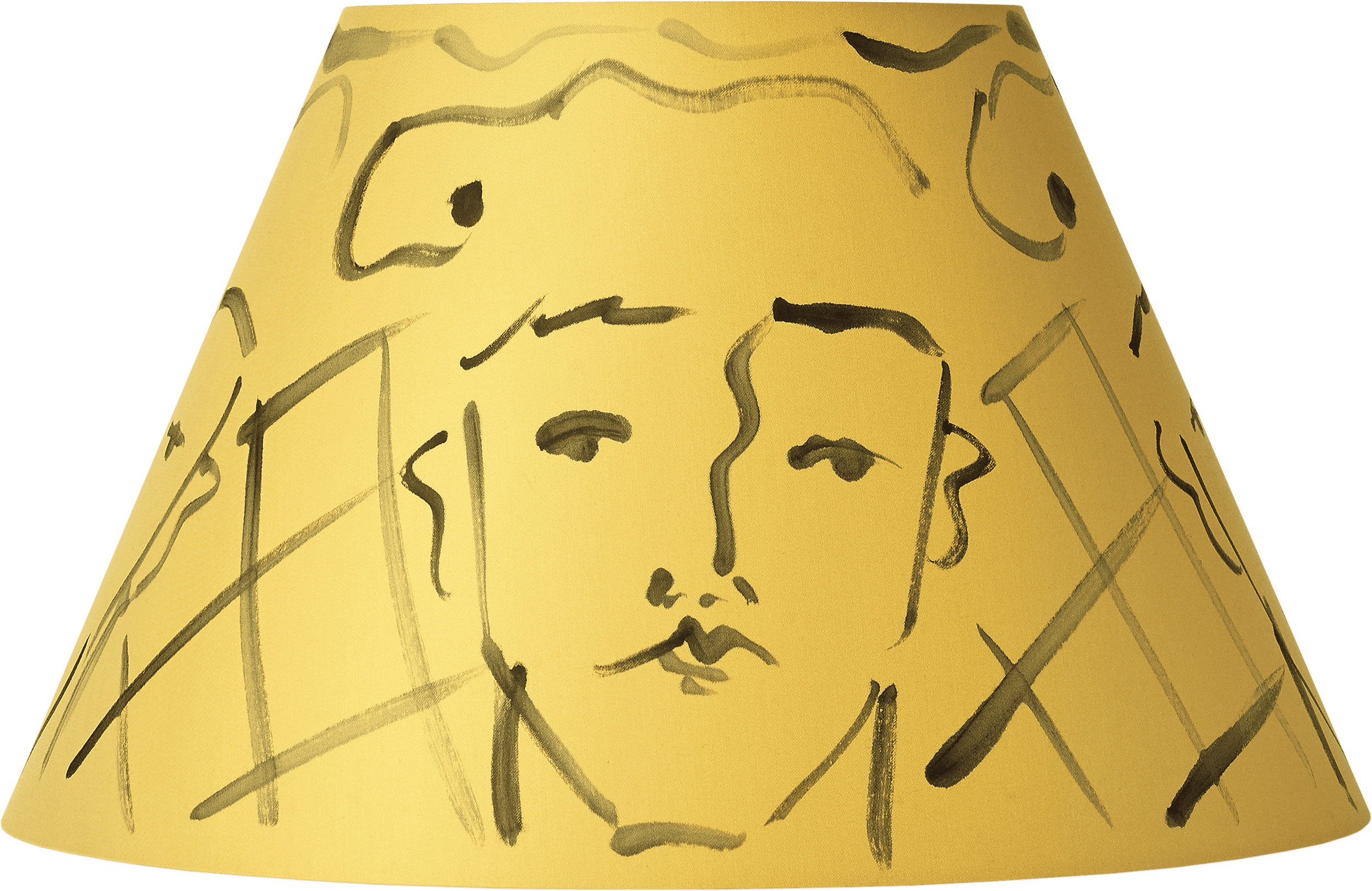 A yellow cone-shaped object with a sketch of a person's face drawn on it in black ink.