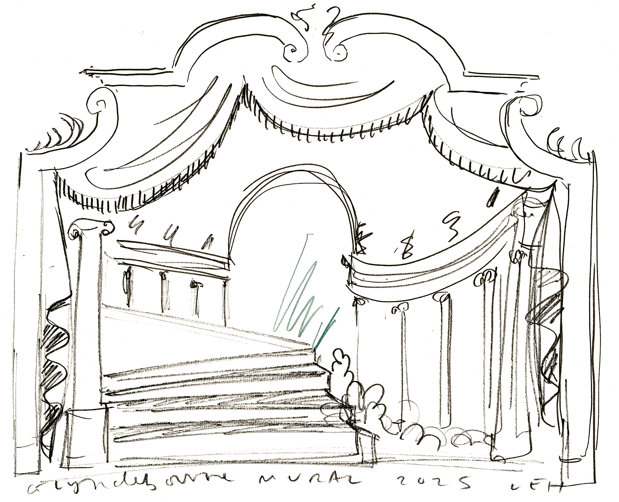 A sketch of a decorative Victorian-style porch with columns, a staircase, and an ornate railing, featuring intricate details.