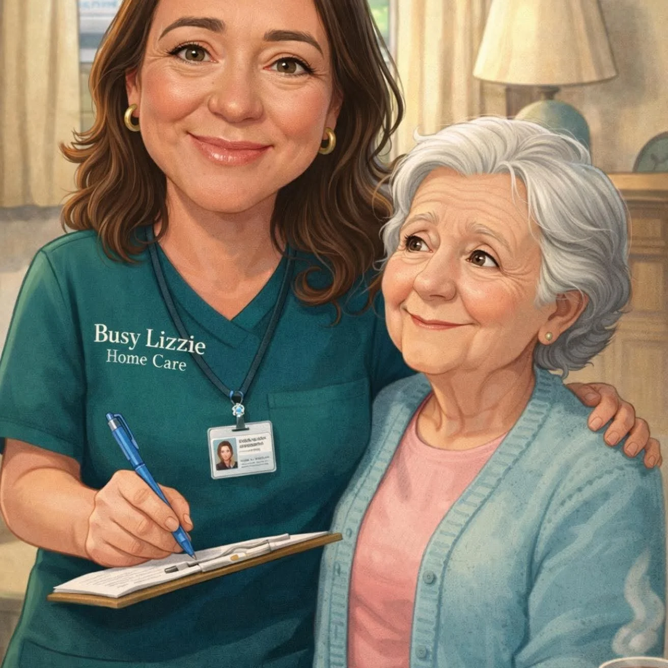 A young woman in a green nurse uniform with a name badge that reads 'Busy Lizzie Home Care' is smiling and holding a clipboard with a pen. She stands next to an elderly woman with gray hair, who is also smiling and looking slightly upwards. The background includes a lamp and curtains.