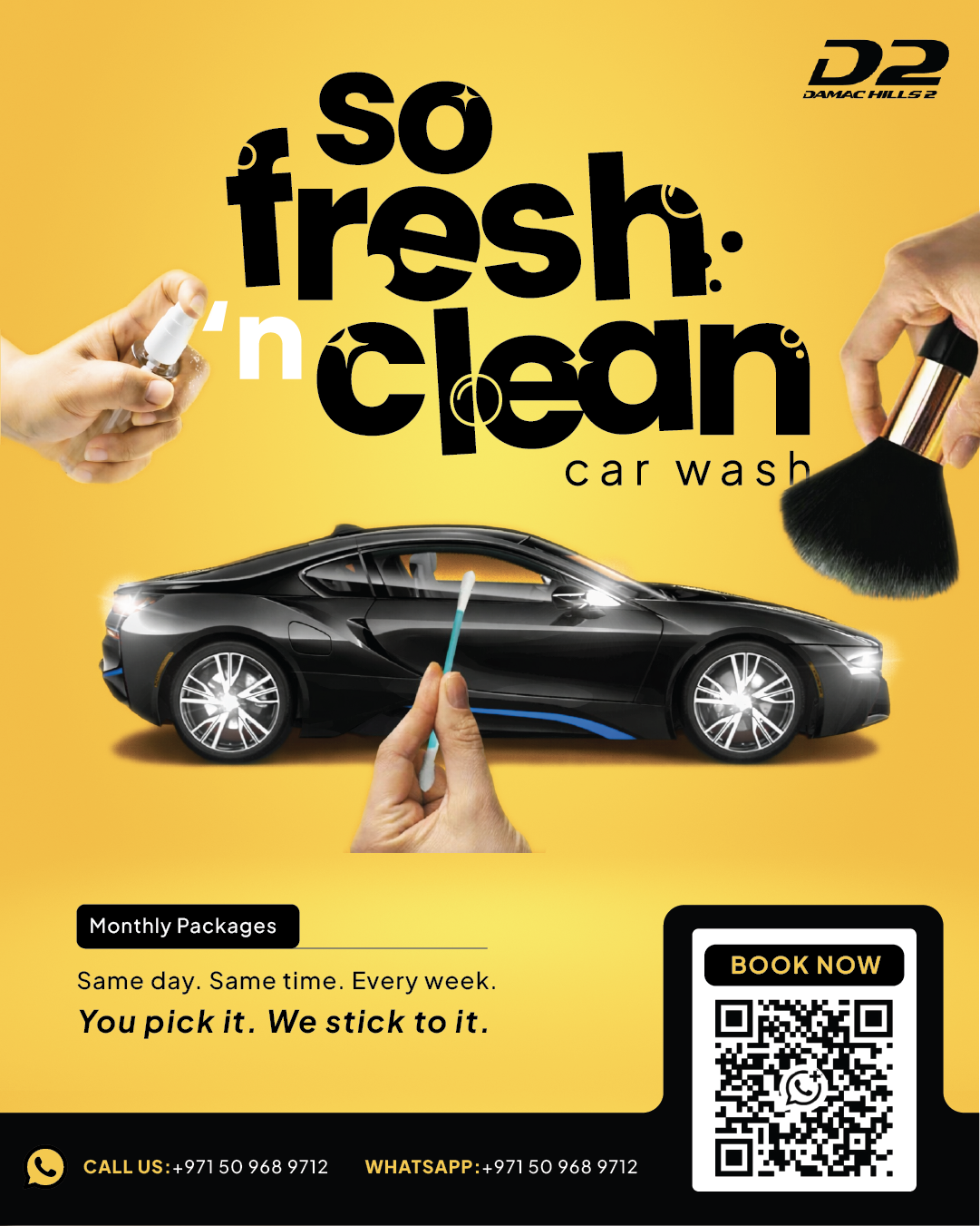 A car wash advertisement with a yellow background, featuring a sleek black sports car and images of hands holding cleaning tools and brushes. The text reads 'So fresh 'n' clean car wash' as. | So Fresh n Clean Mobile Car wash | Dubai