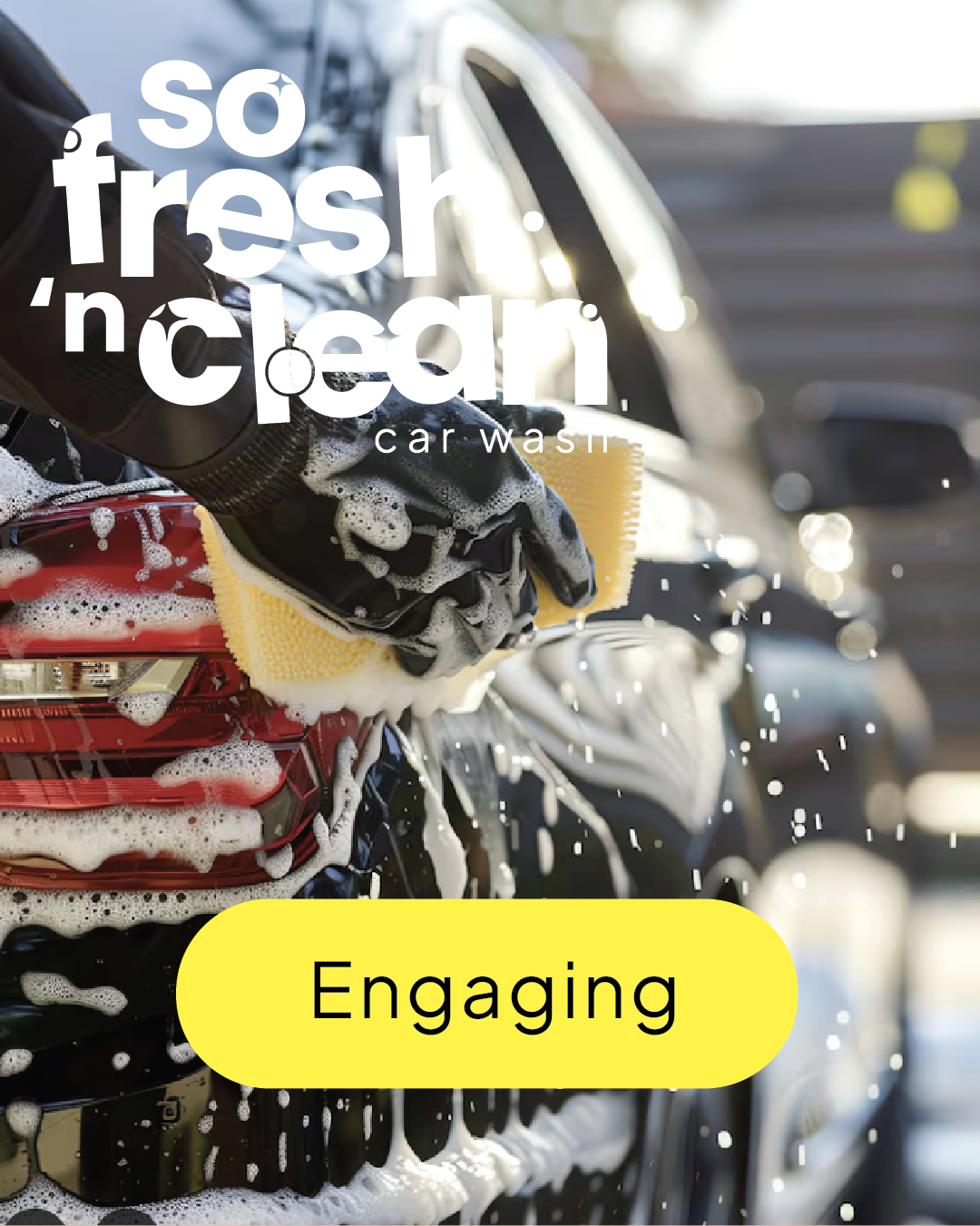 Close-up of a person washing a car with soap and sponge, with text overlay promoting car wash services.