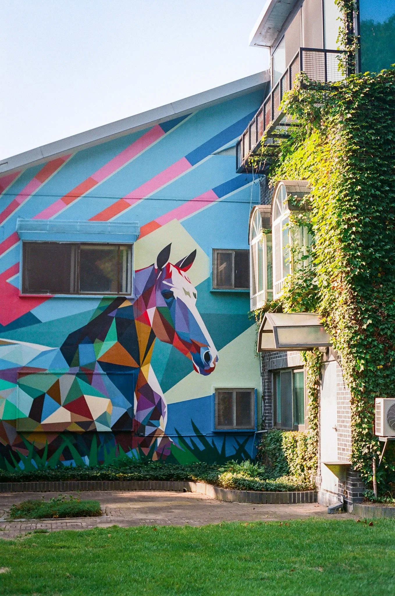 Exterior mural near venue hosting Burnsoo Song exhibition — colourful horse head geometric design on building wall