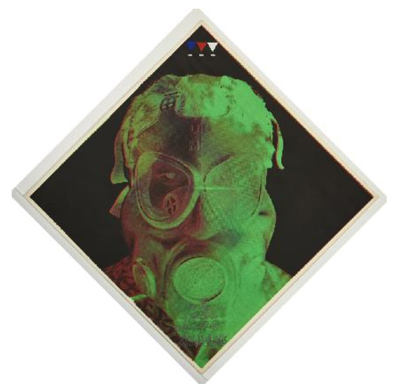 Artwork by Burnsoo Song — diamond-form portrait with gas mask in green tones, mixed media