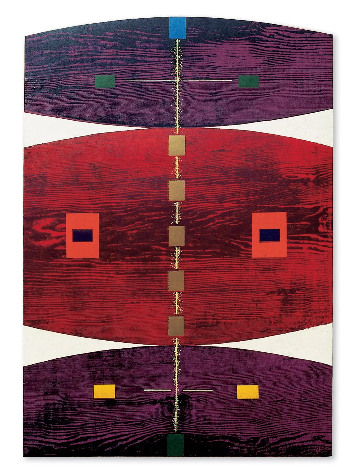 Abstract geometric artwork with horizontal oval shapes in purple and red, connected vertically by small gold squares and a central dotted line, on a white background.