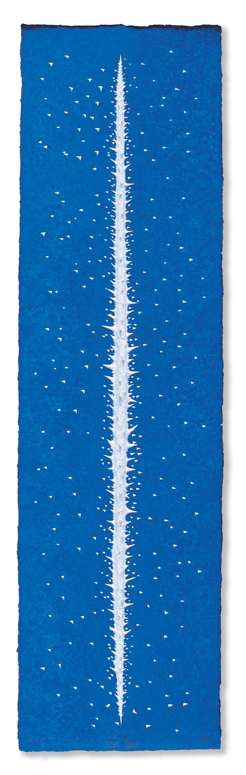 Burnsoo Song, blue vertical tapestry with white jagged line and triangular forms, fiber art