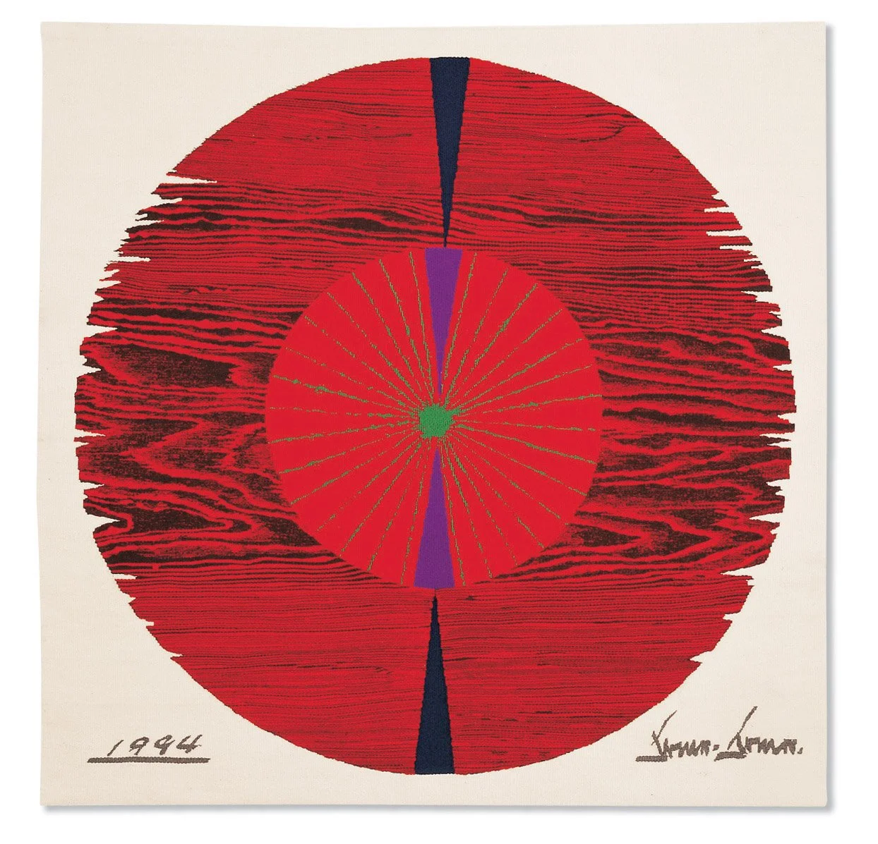Burnsoo Song, abstract artwork 1994 — large red circle with concentric forms, radiating green lines, woodblock print