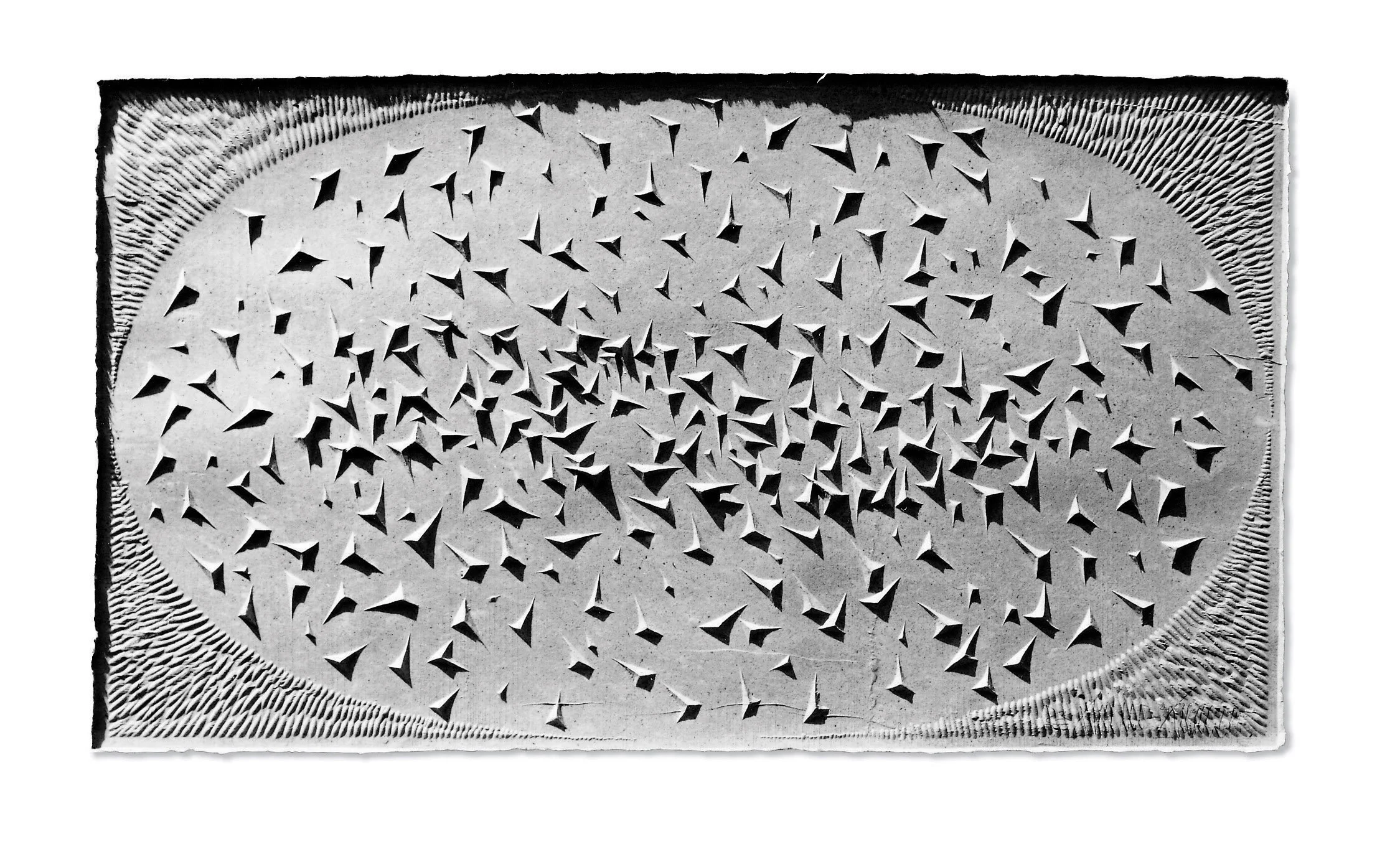Burnsoo Song, black and white woodblock print — triangular forms in oval border, abstract composition