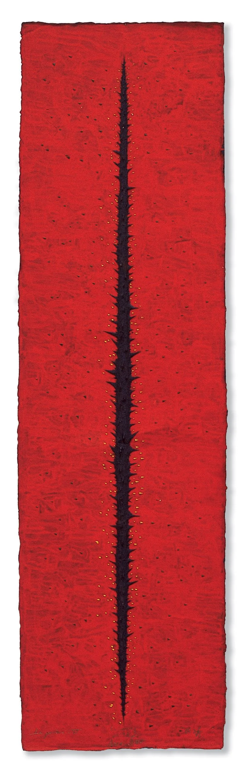 A tall, narrow red textile with a central black jagged line and small yellow specks.