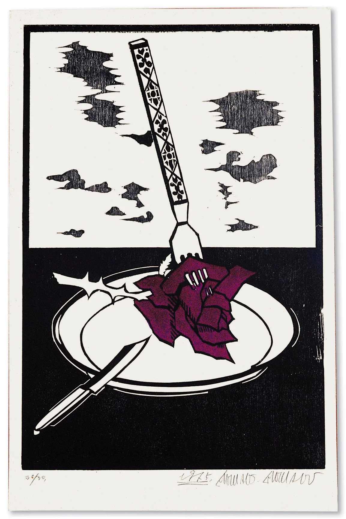 Burnsoo Song, woodblock print — rose on plate with knife, surrealist composition, black and white