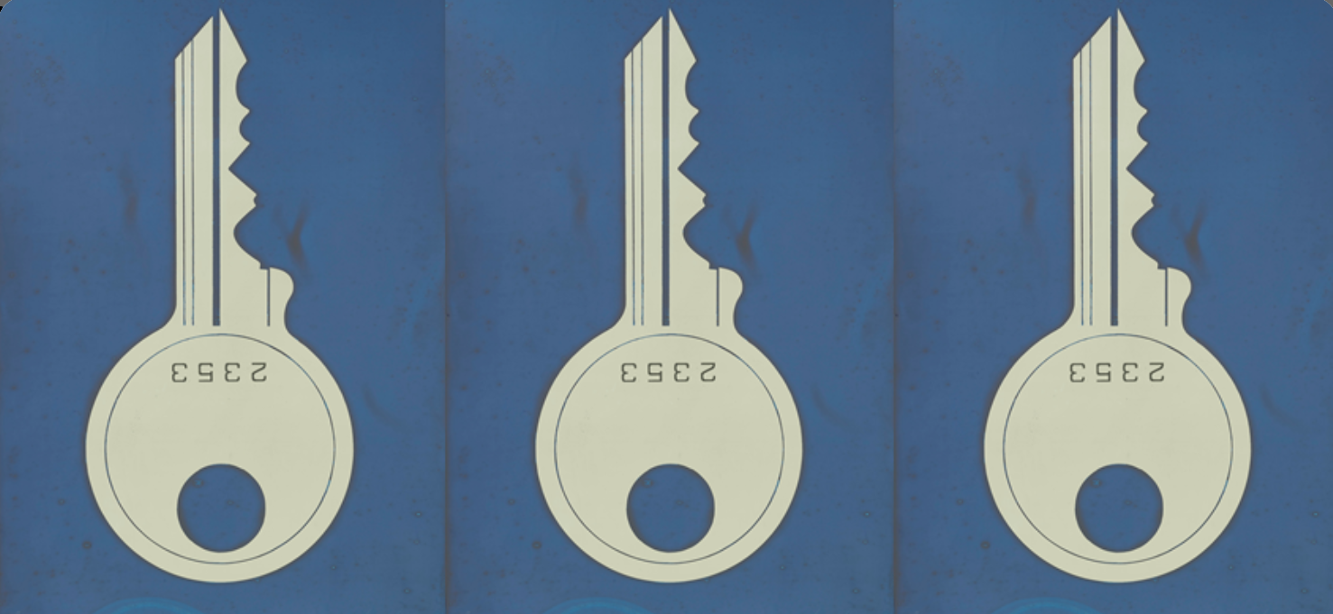 Burnsoo Song artwork — three keys on blue background, series number 52343, mixed media