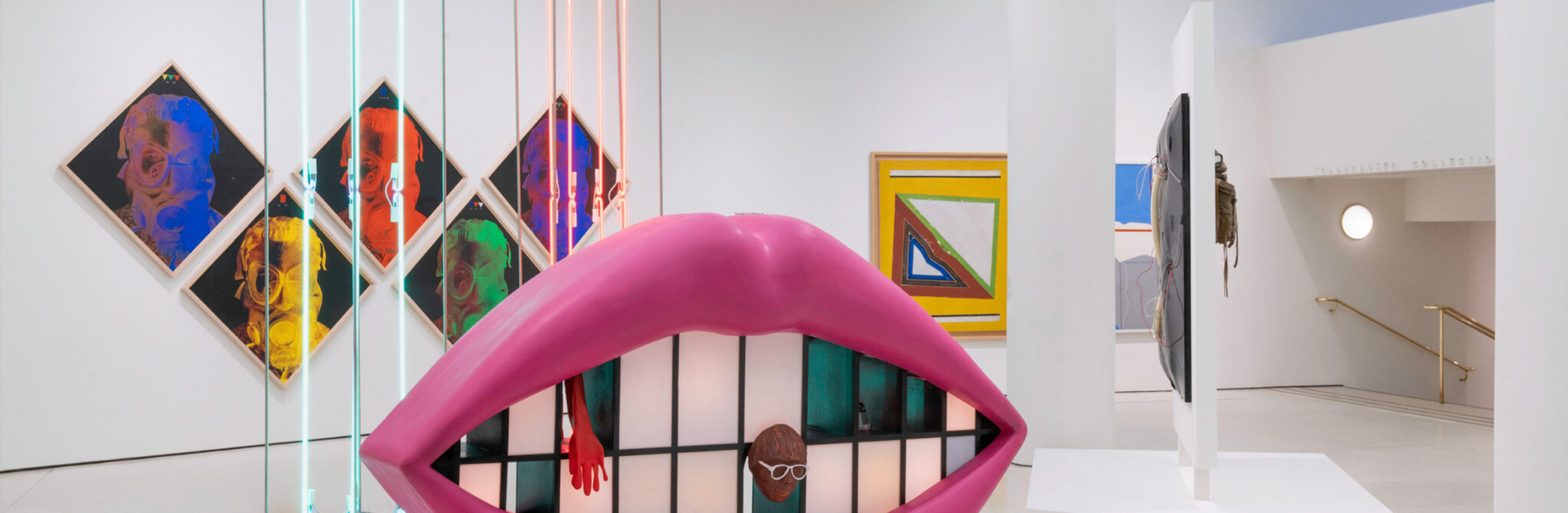 Exhibition view featuring works by Burnsoo Song alongside a large pink lips sculpture installation, mixed media contemporary exhibition