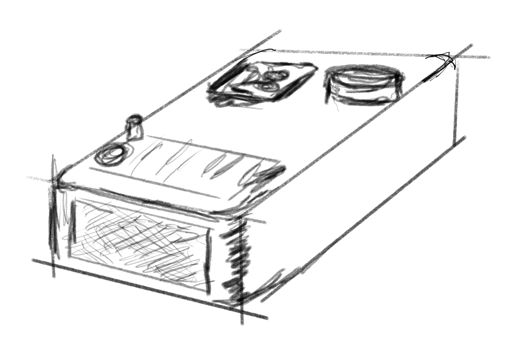 Dibujo en boceto de un dispositivo electrónico innovador visto desde arriba.