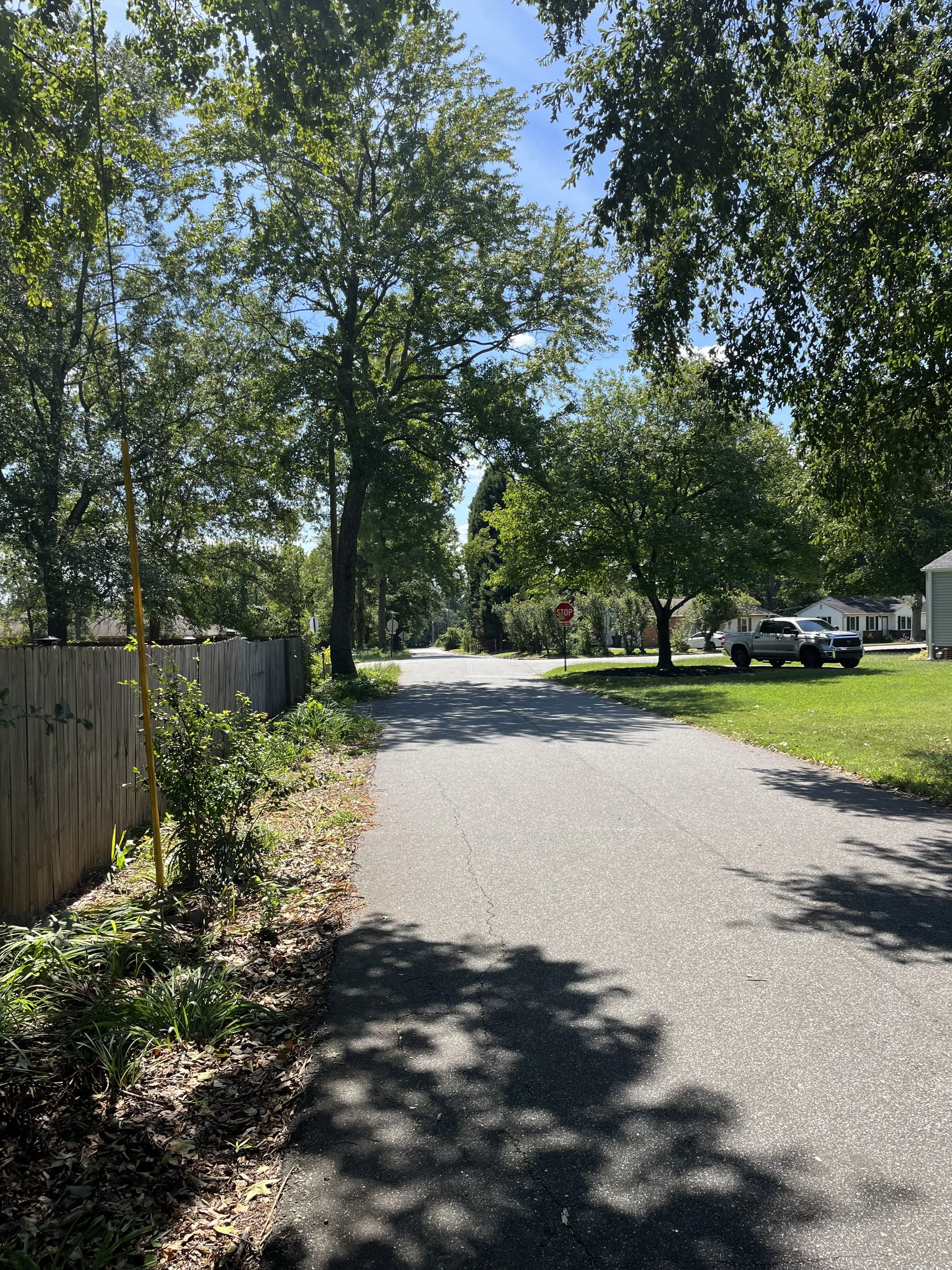 A residential street with mature trees casting shadows on the pavement, a wooden fence lining the sidewalk on the left, and houses with parked cars on the right under a partly cloudy blue sky.