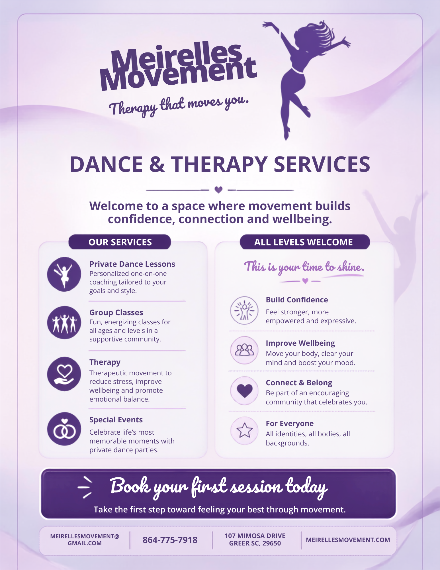 Flyer for Meirelles Movement, a dance and therapy service that emphasizes movement as therapy. Features a purple silhouette of a dancing woman, with information about private lessons, group classes, therapy, special events, and encouragement for all levels and backgrounds to participate.