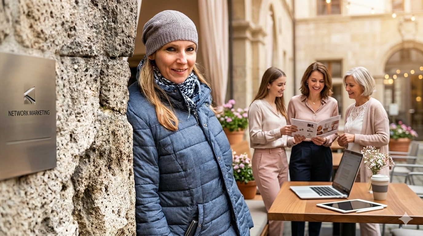 Eine Frau in grauem Hut und blauer Jacke steht an einer Steinmauer und lächelt. Im Hintergrund drei Frauen, die auf einer Terrasse mit Laptop, Tablet und Kaffee einen Flyer anschauen und sprechen.
