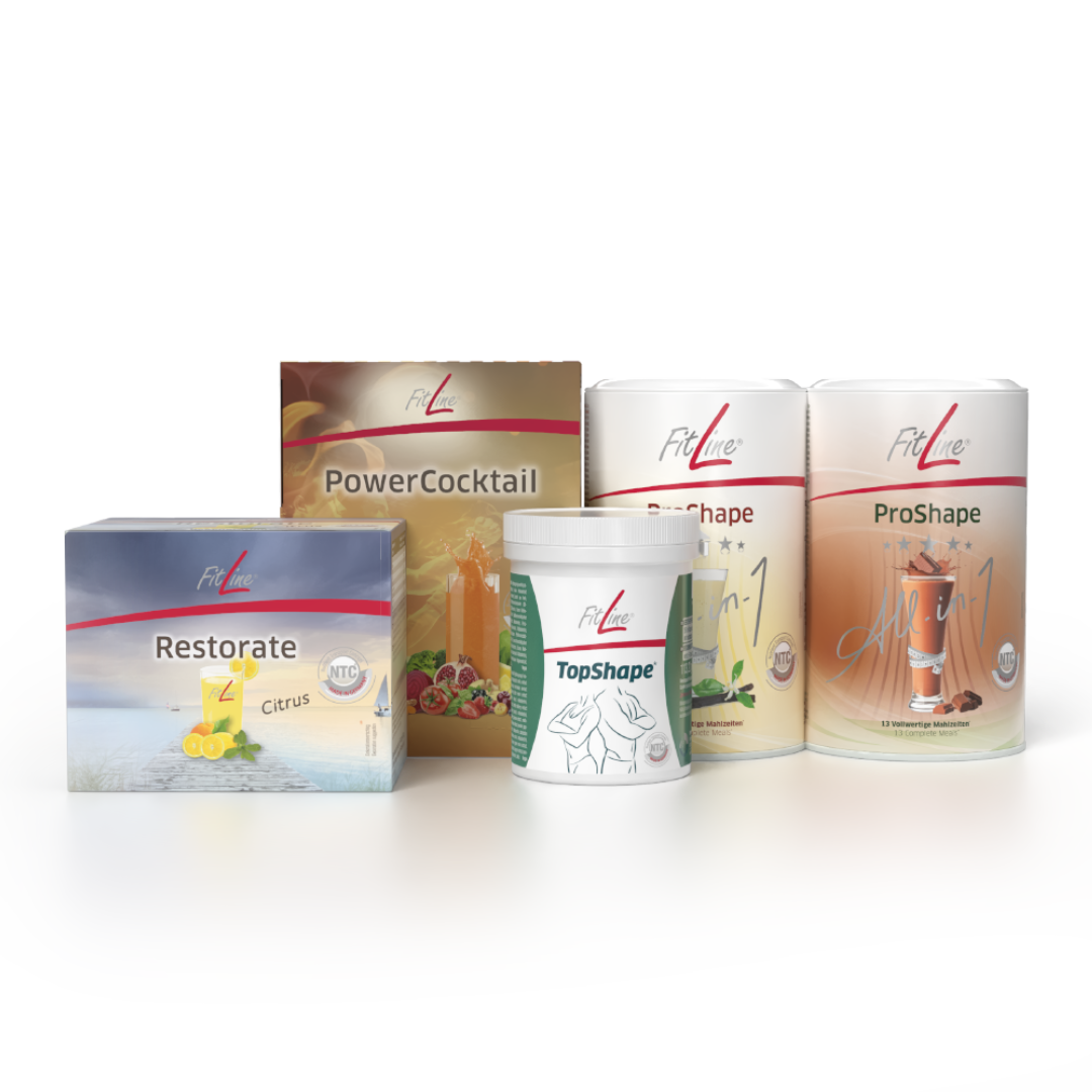 Verschiedene Nahrungsergänzungsmittel und Pulverbehälter mit Markenlogo 'FitLine', darunter 'PowerCocktail', 'Restorate', 'TopShape', 'ProShape' und All-in-1