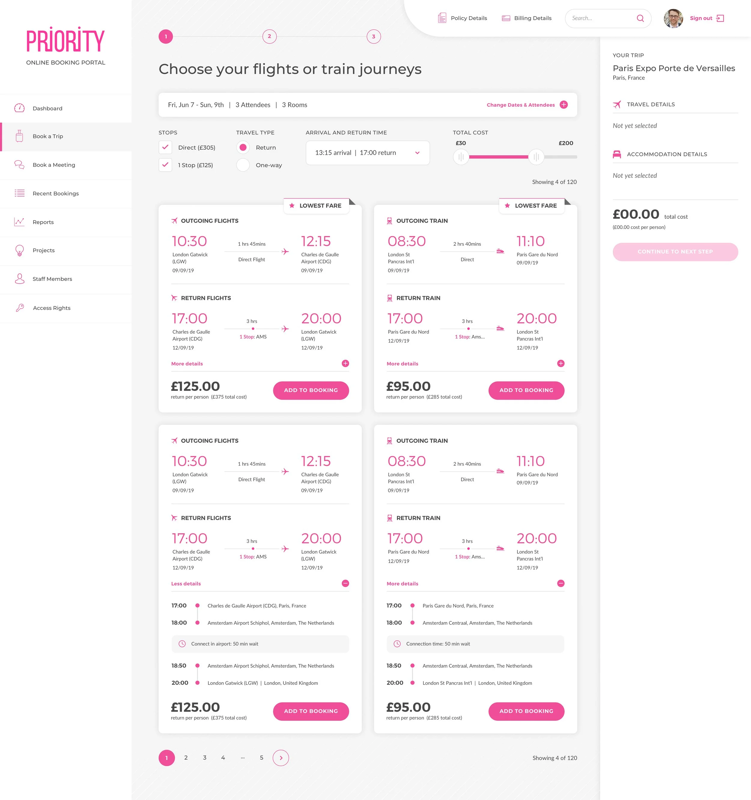 Screenshot of an online booking portal for flights and train journeys with options for selecting stops, travel type, arrival and return times, and displaying flight and train options with prices and booking buttons, featuring a predominantly pink and white color scheme.
