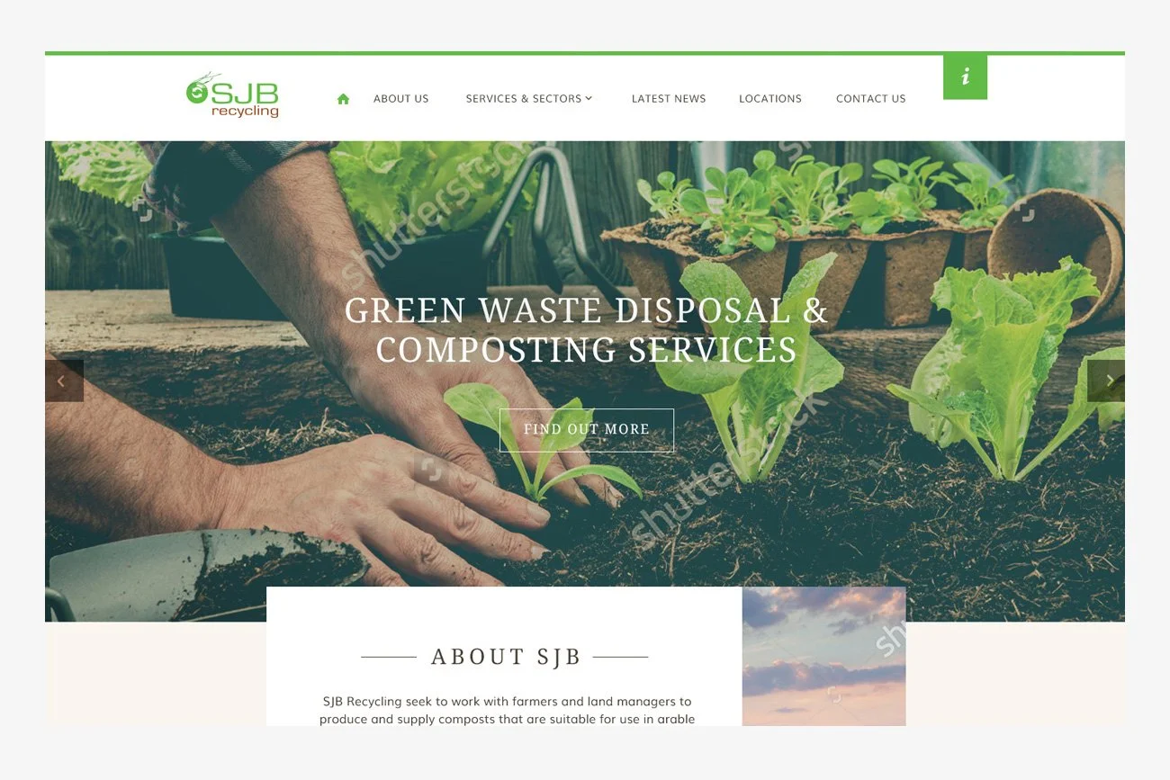 A website homepage for SJB Recycling, featuring a gardener planting seedlings in soil, with green plants and gardening tools in the background, and text about green waste disposal and composting services.