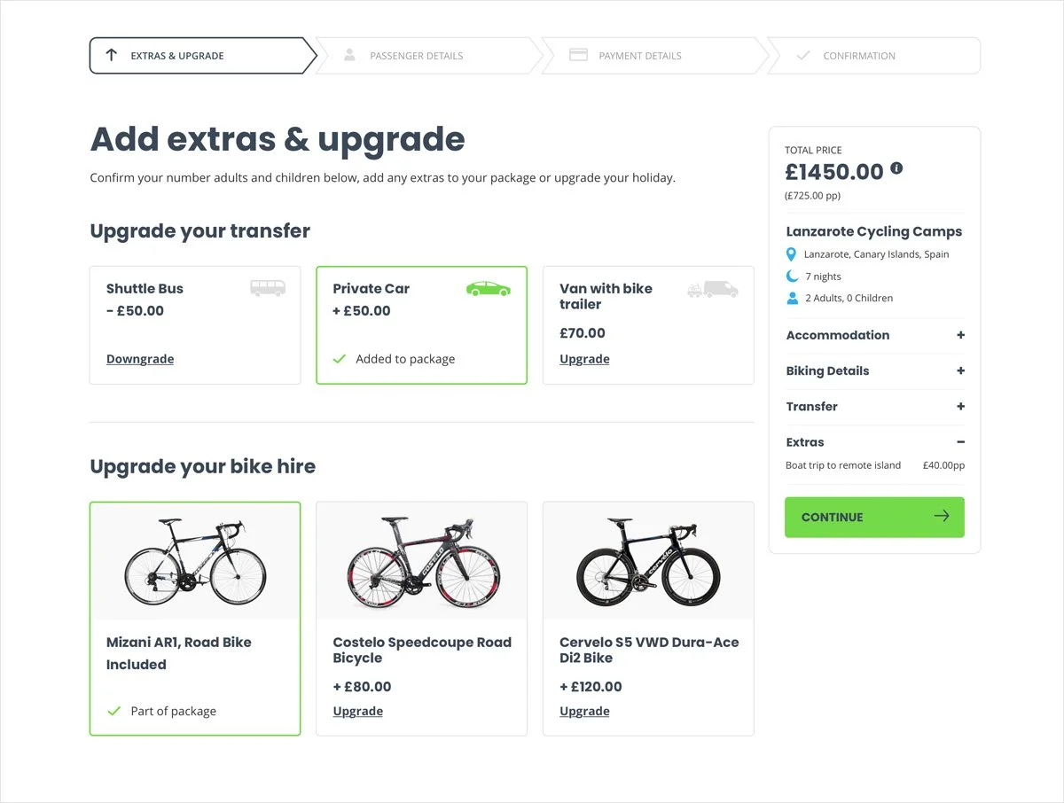 Online booking webpage for Lanzarote Cycling Camps, showing options to add extras and upgrade transfers and bike rentals, with total price of £1450 for 7 nights in Lanzarote, Canary Islands, Spain.