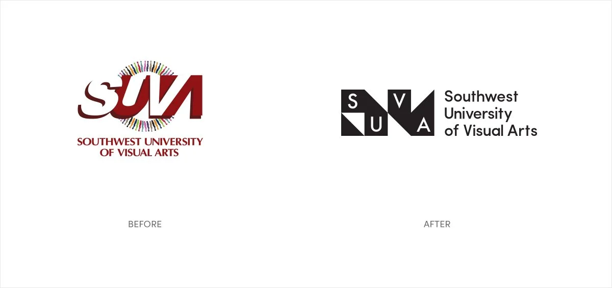 Comparison of two logos for Southwest University of Visual Arts, labeled 'Before' and 'After'. The 'Before' logo features stylized red letters 'S', 'U', and 'V' with a colorful circular design and the university's name below. The 'After' logo is in black and white, with the initials 'S', 'V', and 'A' in a bold, geometric style, accompanied by the full name of the university.