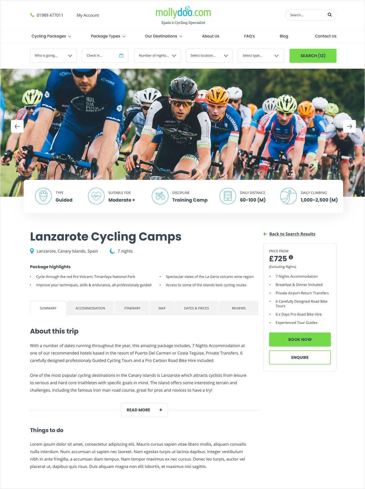 Website page for Molly Doo Cycling specializing in cycling packages in Lanzarote, Canary Islands, Spain. Features a large photo of cyclists in race gear, navigation menus, trip details, pricing, and booking options.