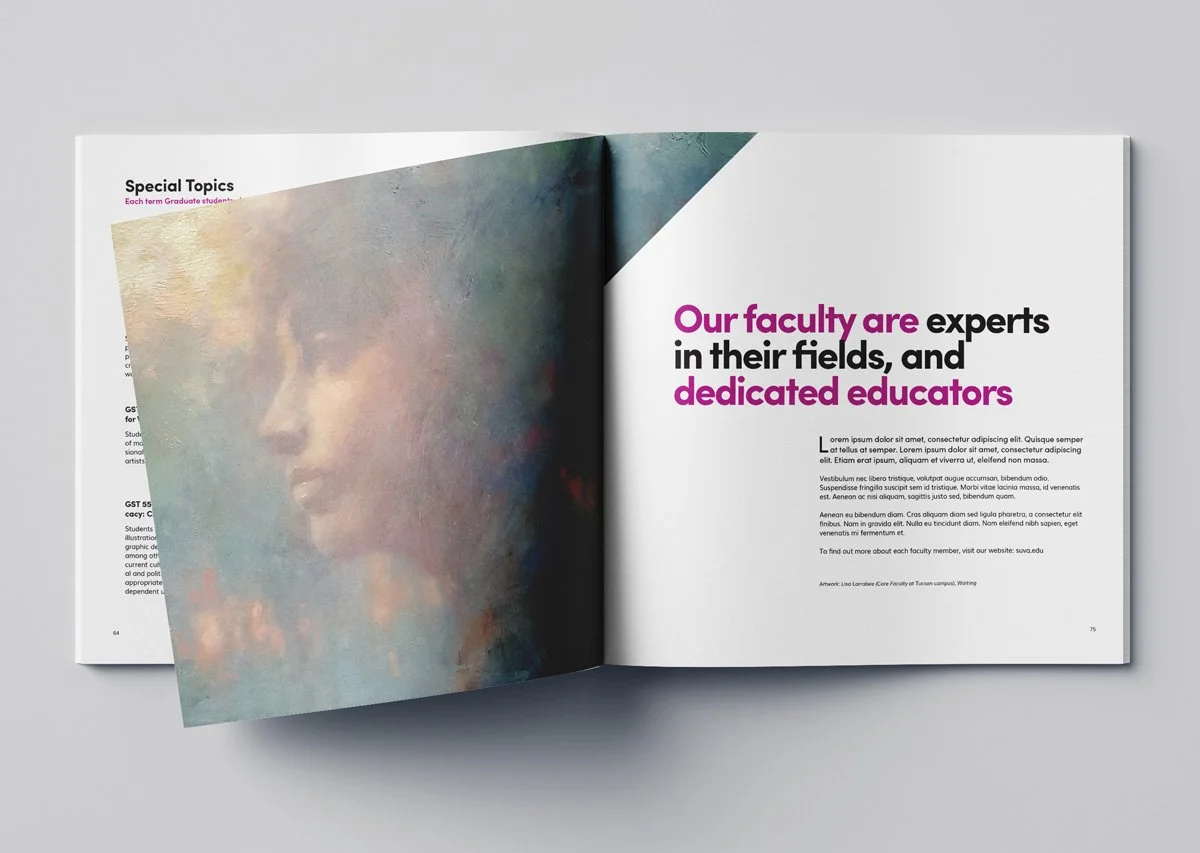 Open magazine displaying a double-page spread: on the left, an abstract colorful image; on the right, text highlights that faculty are experts and dedicated educators, with placeholder text beneath.