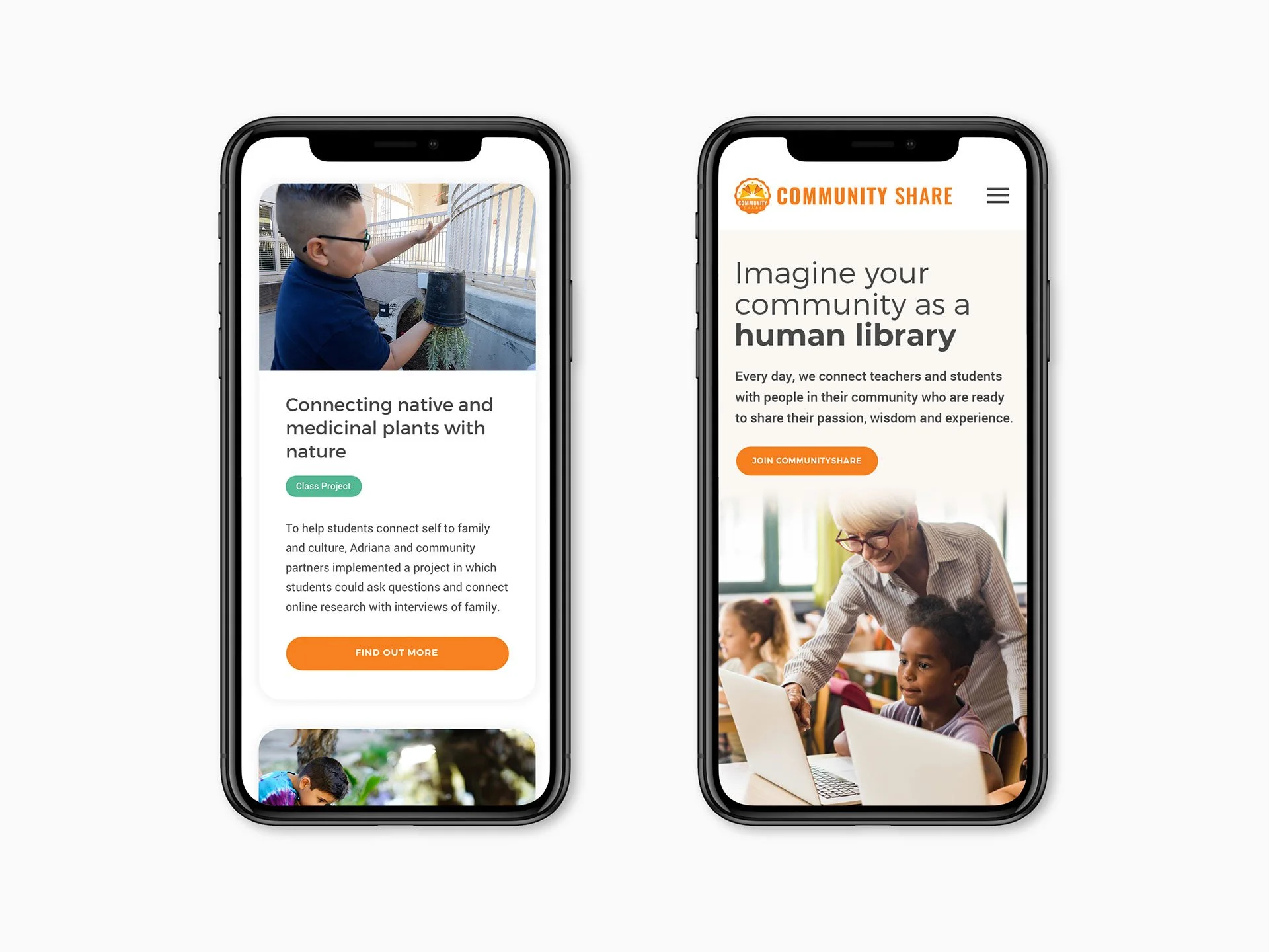 Two smartphones displaying a community website, featuring images of children and teachers engaging in educational activities, with text promoting community sharing and building a human library.