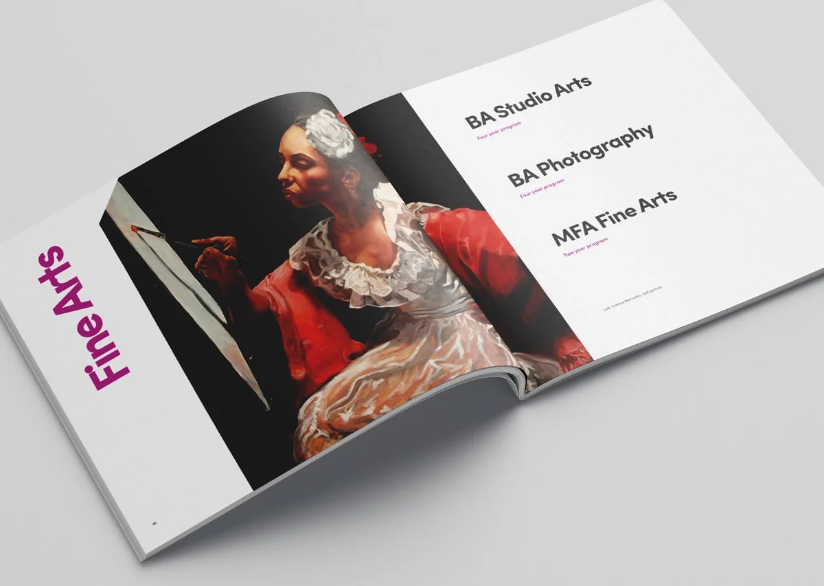 Open art program brochure displaying a woman in historical costume painting on a canvas.