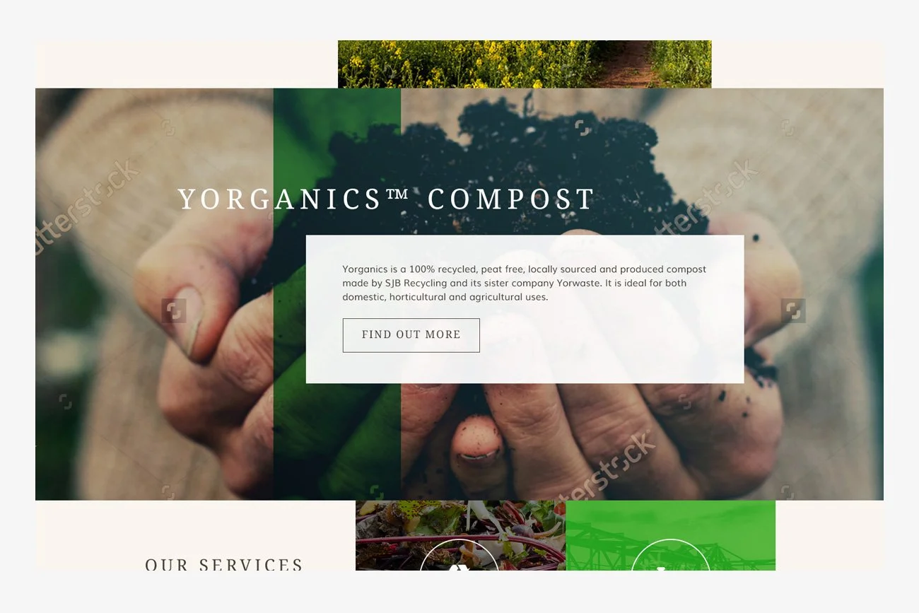 Close-up of transitioning collage background showcasing soil, plants, and a person holding compost with soil on fingers, promoting organic compost product.